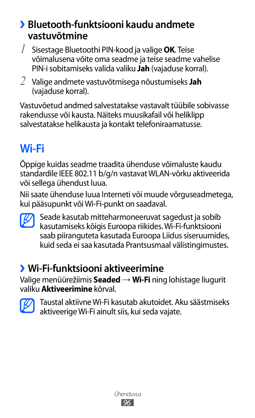 Samsung GT-S8500BAASEB manual ››Bluetooth-funktsiooni kaudu andmete vastuvõtmine, ››Wi-Fi-funktsiooni aktiveerimine 