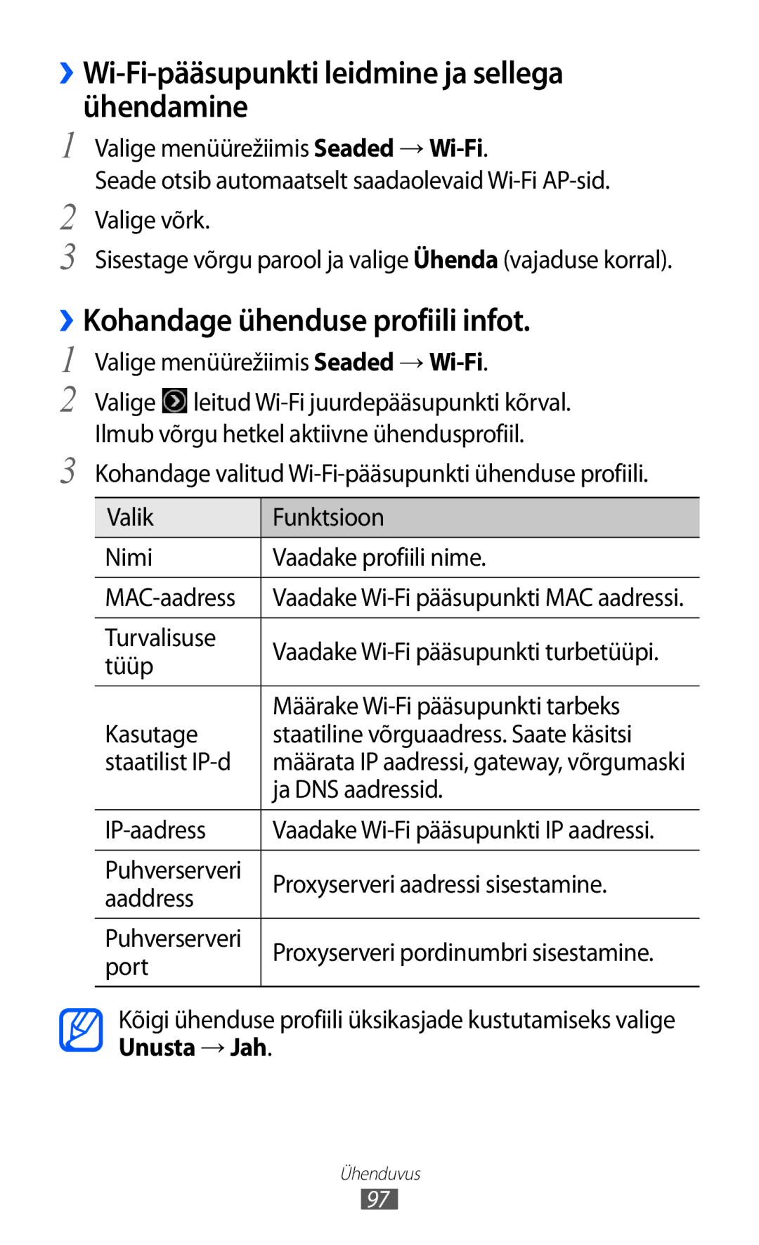 Samsung GT-S8500BAASEB manual ››Wi-Fi-pääsupunkti leidmine ja sellega ühendamine, ››Kohandage ühenduse profiili infot 