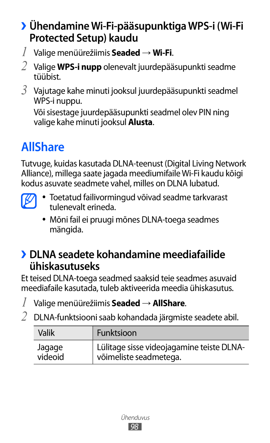 Samsung GT-S8500BAASEB manual AllShare, Protected Setup kaudu, ››DLNA seadete kohandamine meediafailide ühiskasutuseks 