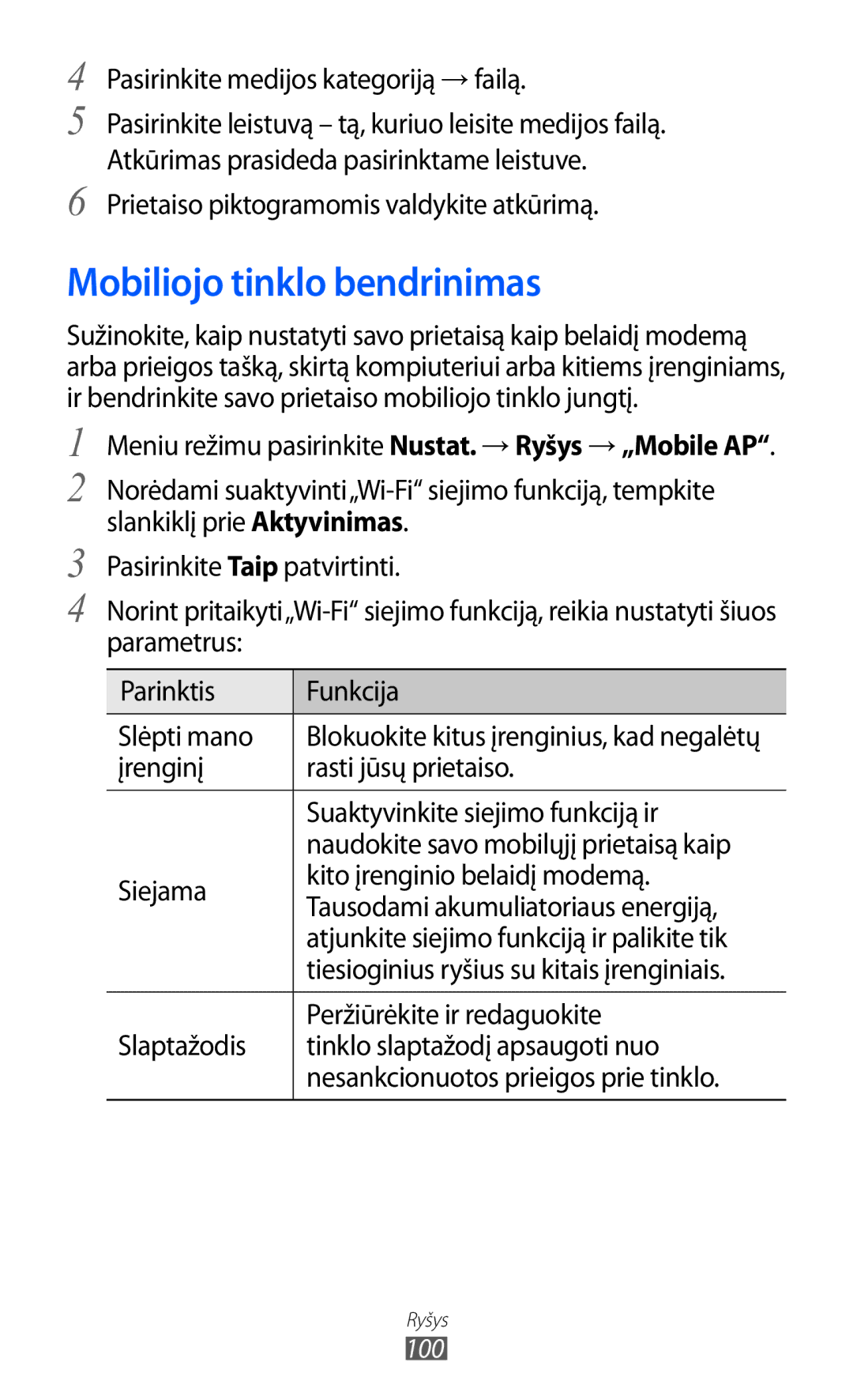 Samsung GT-S8500BAASEB manual Mobiliojo tinklo bendrinimas, Prietaiso piktogramomis valdykite atkūrimą 