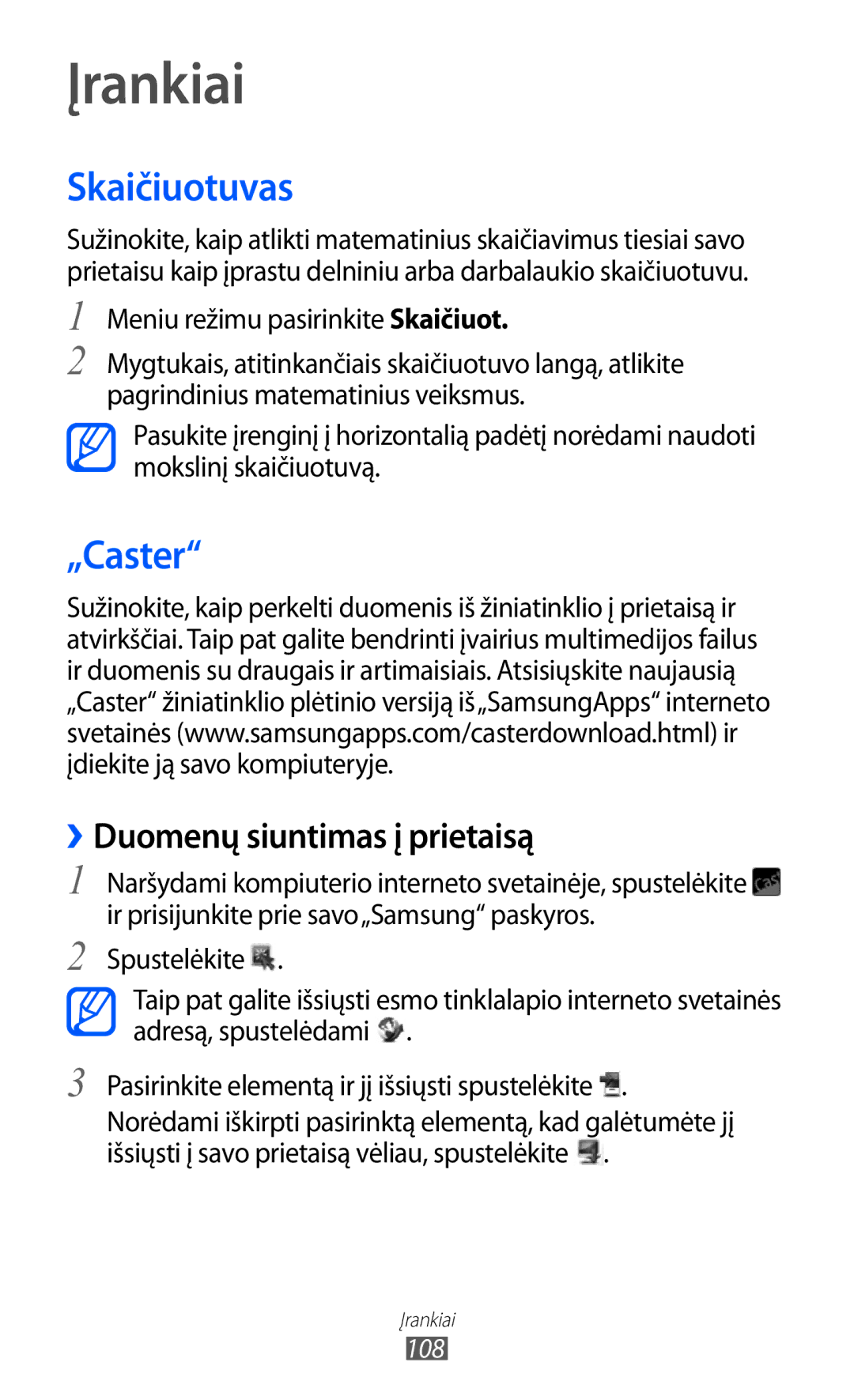 Samsung GT-S8500BAASEB manual Įrankiai, Skaičiuotuvas, „Caster, ››Duomenų siuntimas į prietaisą 