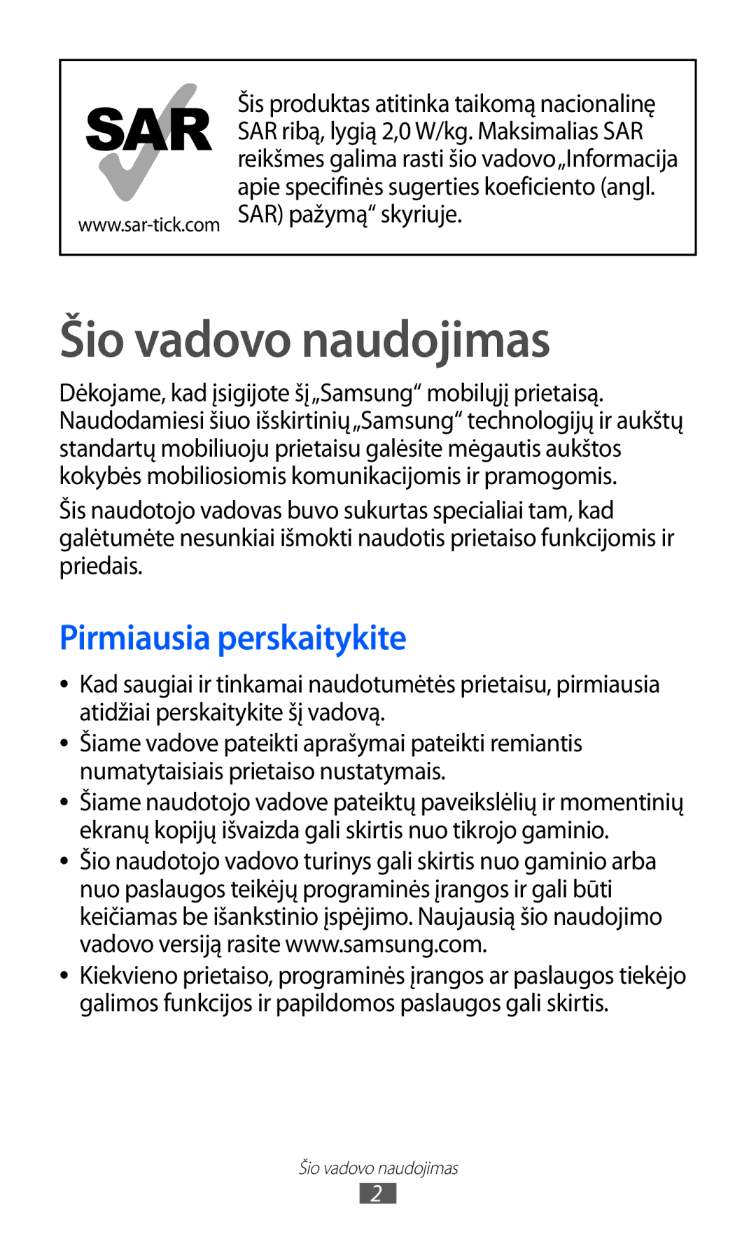 Samsung GT-S8500BAASEB manual Šio vadovo naudojimas, Pirmiausia perskaitykite 