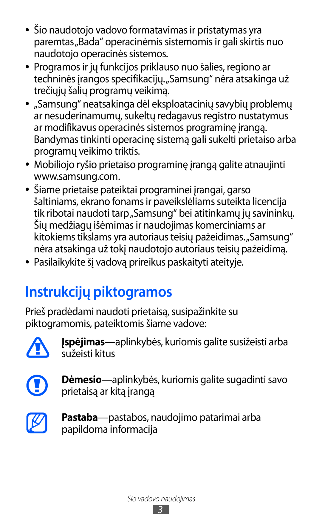 Samsung GT-S8500BAASEB manual Instrukcijų piktogramos, Pasilaikykite šį vadovą prireikus paskaityti ateityje 