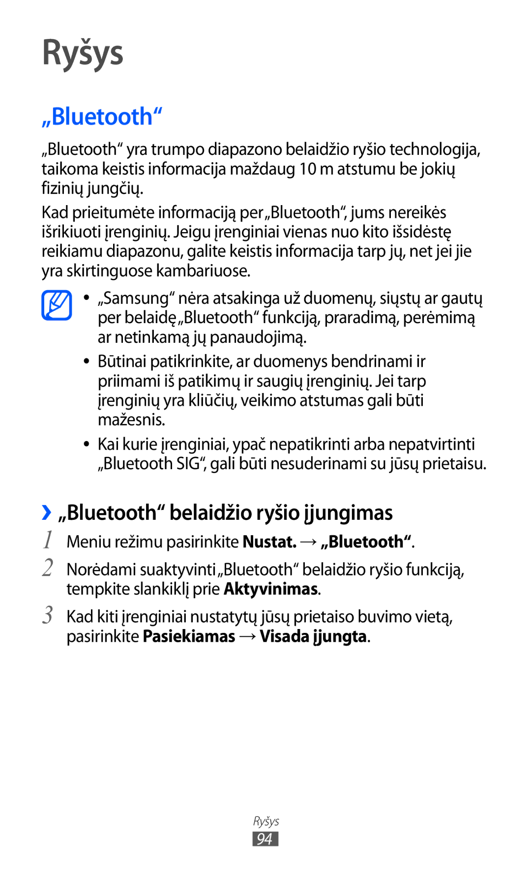 Samsung GT-S8500BAASEB manual Ryšys, ››„Bluetooth belaidžio ryšio įjungimas 