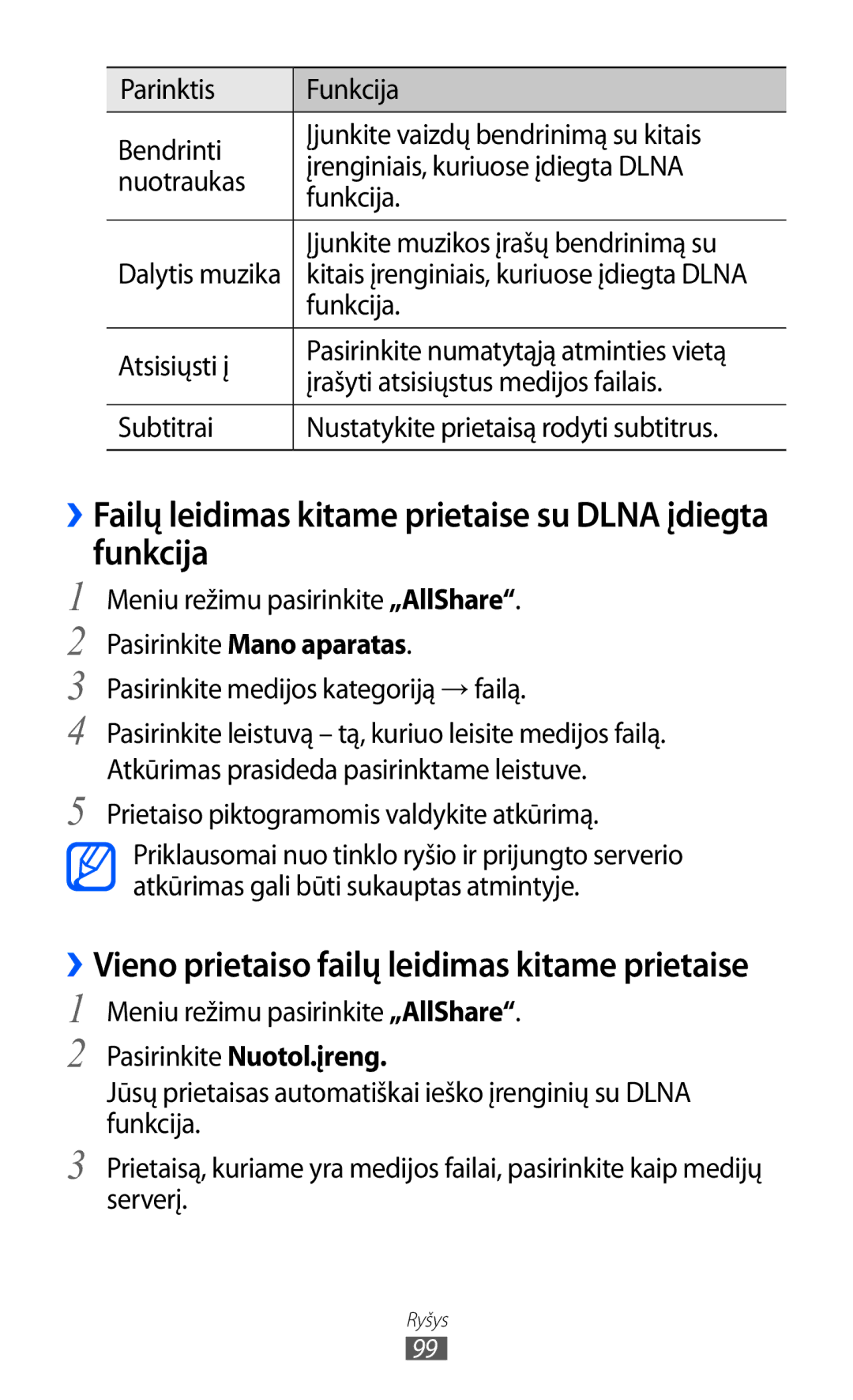 Samsung GT-S8500BAASEB ››Failų leidimas kitame prietaise su Dlna įdiegta funkcija, Meniu režimu pasirinkite „AllShare 