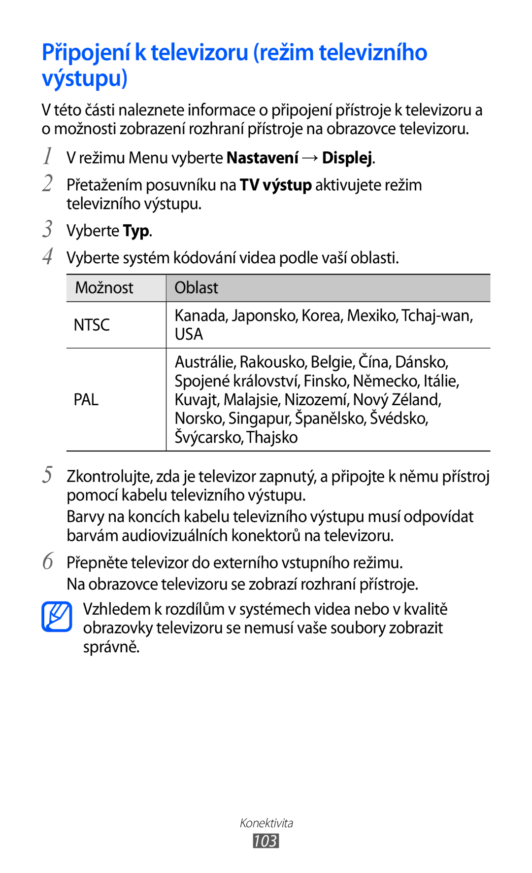 Samsung GT-S8500BAAIDE Připojení k televizoru režim televizního výstupu, Kuvajt, Malajsie, Nizozemí, Nový Zéland, 103 