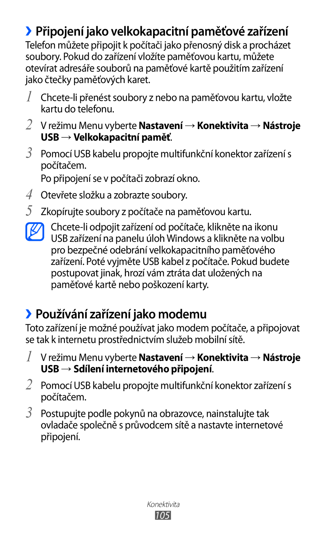 Samsung GT-S8500BAAVDC manual ››Používání zařízení jako modemu, Zkopírujte soubory z počítače na paměťovou kartu, 105 