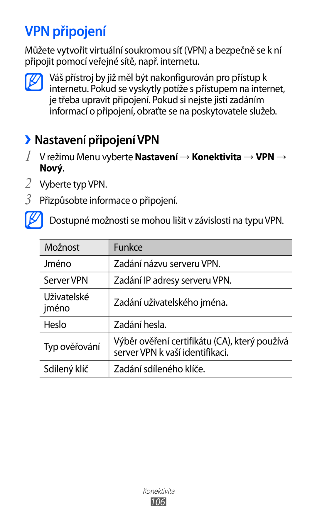 Samsung GT-S8500BAAO2C, GT-S8500BAATMZ manual VPN připojení, ››Nastavení připojení VPN, Server VPN k vaší identifikaci, 106 