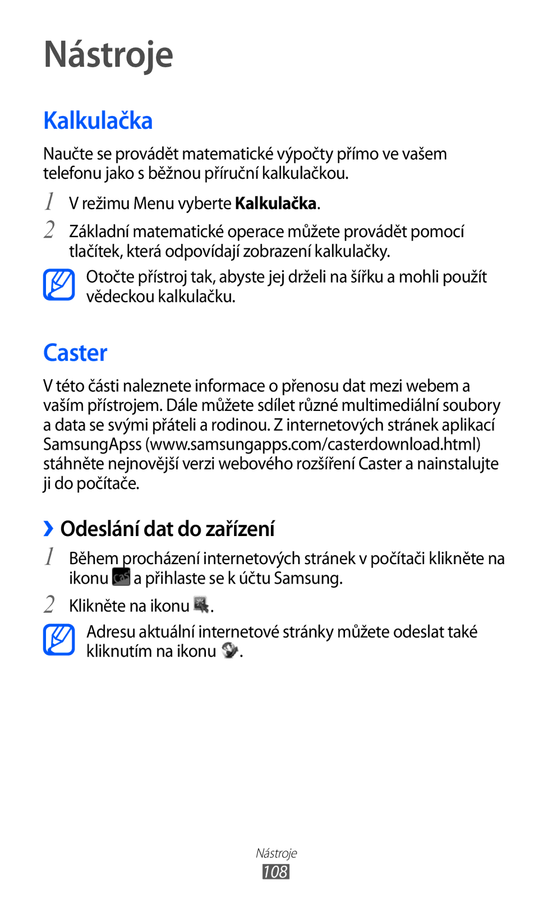 Samsung GT-S8500BAATMZ, GT-S8500BAAIDE, GT-S8500BAAXEZ manual Nástroje, Kalkulačka, Caster, ››Odeslání dat do zařízení, 108 