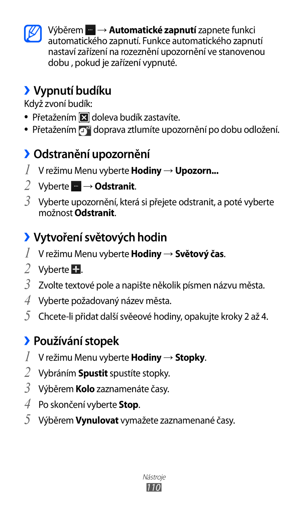 Samsung GT-S8500BAAXEZ ››Vypnutí budíku, ››Odstranění upozornění, ››Vytvoření světových hodin, ››Používání stopek, 110 