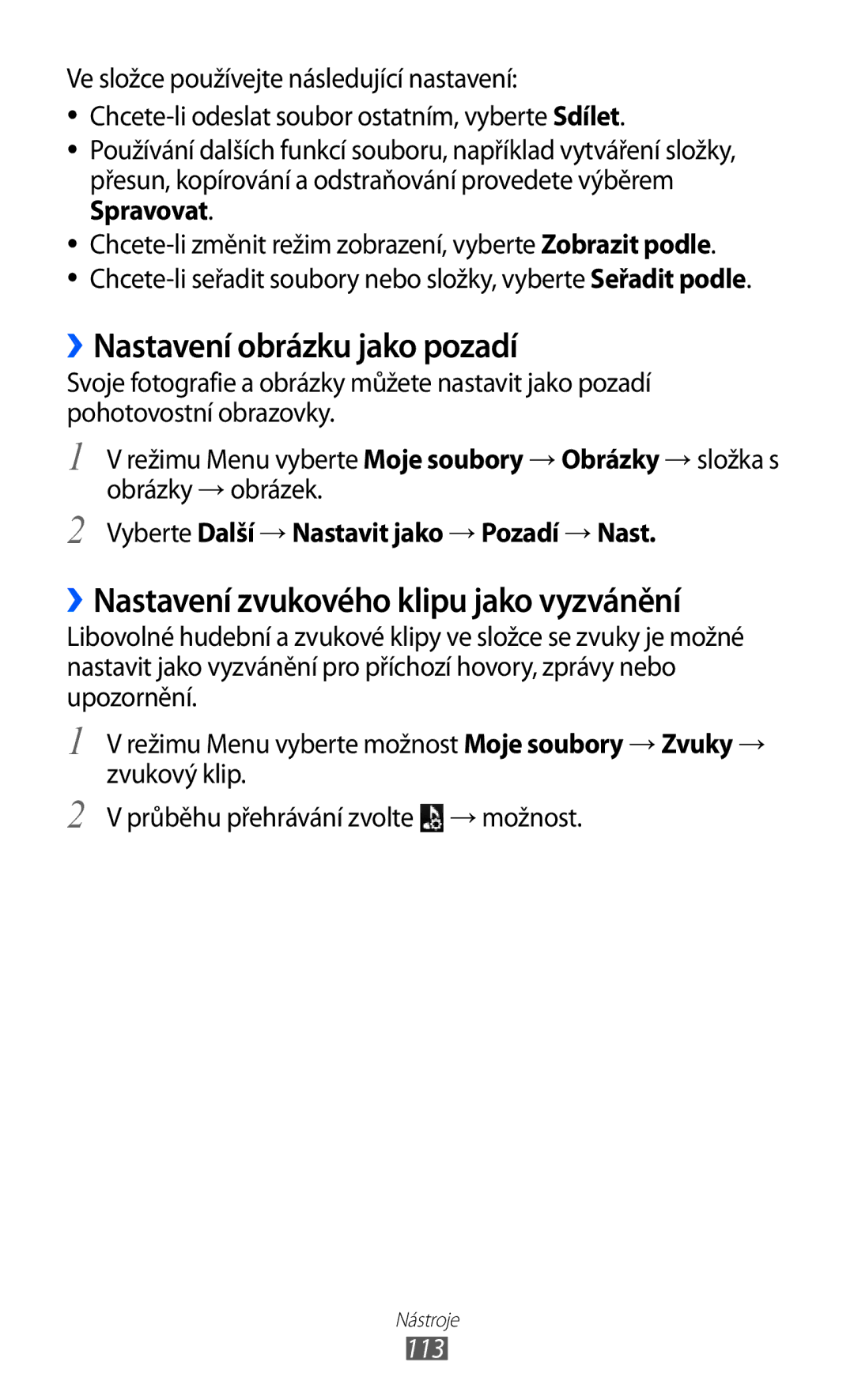 Samsung GT-S8500BAAIRD, GT-S8500BAATMZ ››Nastavení obrázku jako pozadí, ››Nastavení zvukového klipu jako vyzvánění, 113 