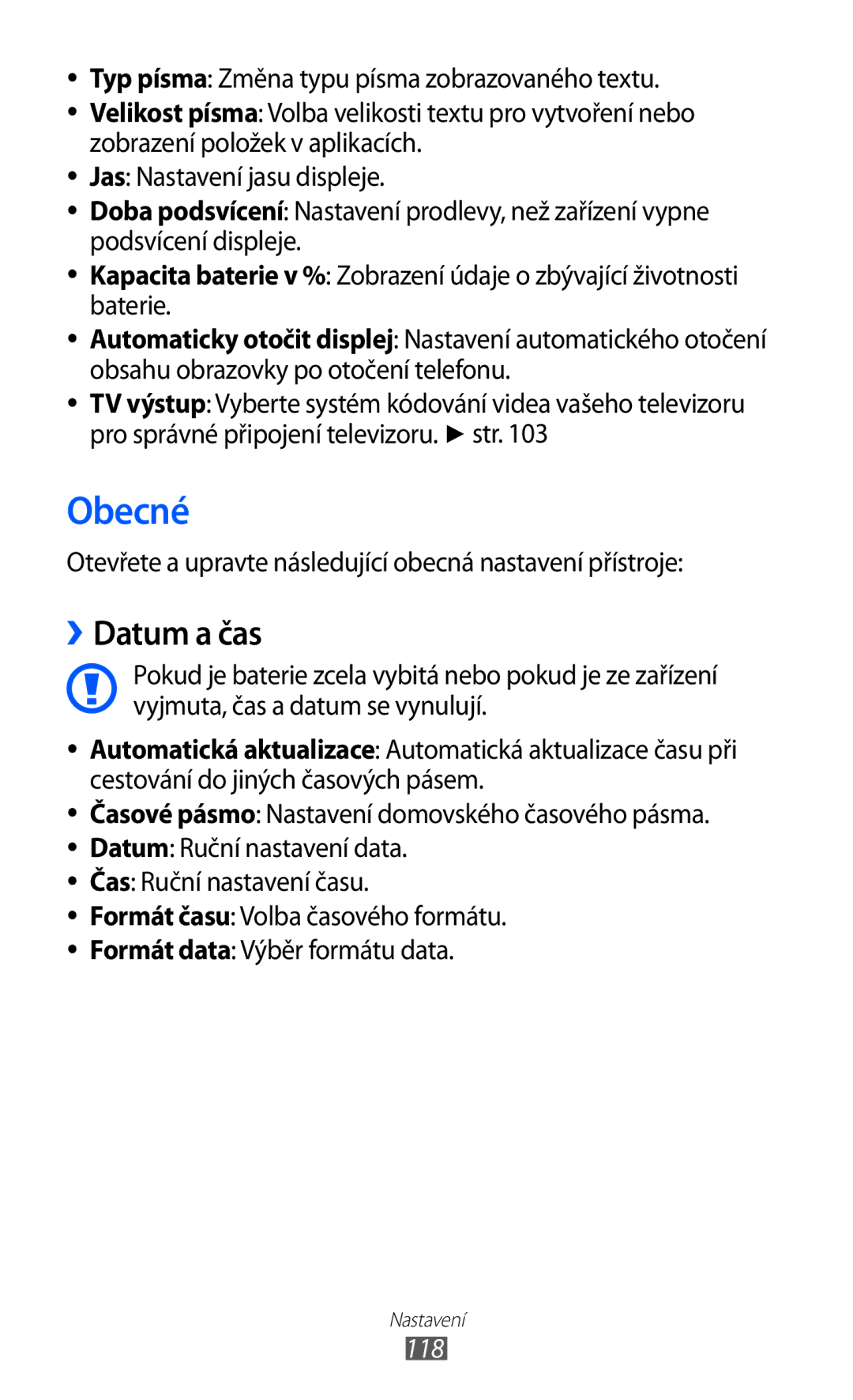 Samsung GT-S8500BAAO2C manual Obecné, ››Datum a čas, Otevřete a upravte následující obecná nastavení přístroje, 118 