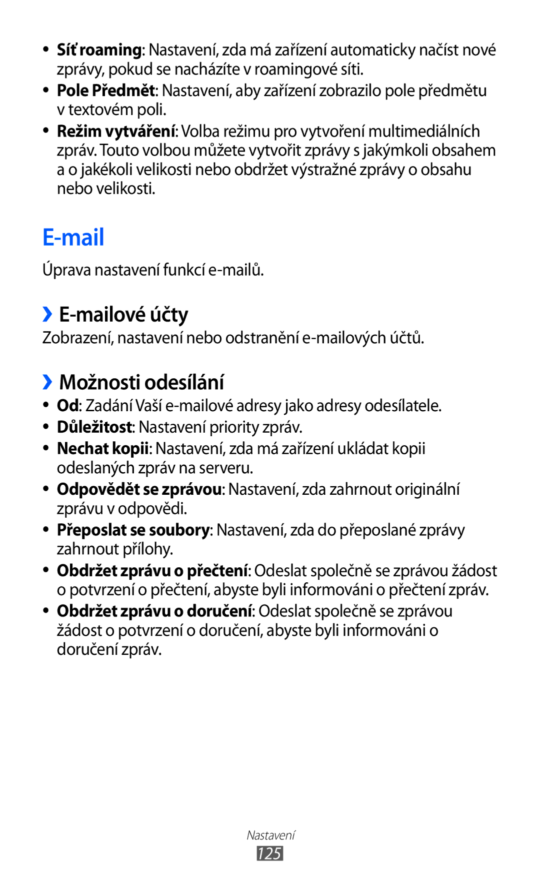 Samsung GT-S8500BAAIRD, GT-S8500BAATMZ manual ››E-mailové účty, ››Možnosti odesílání, Úprava nastavení funkcí e-mailů, 125 