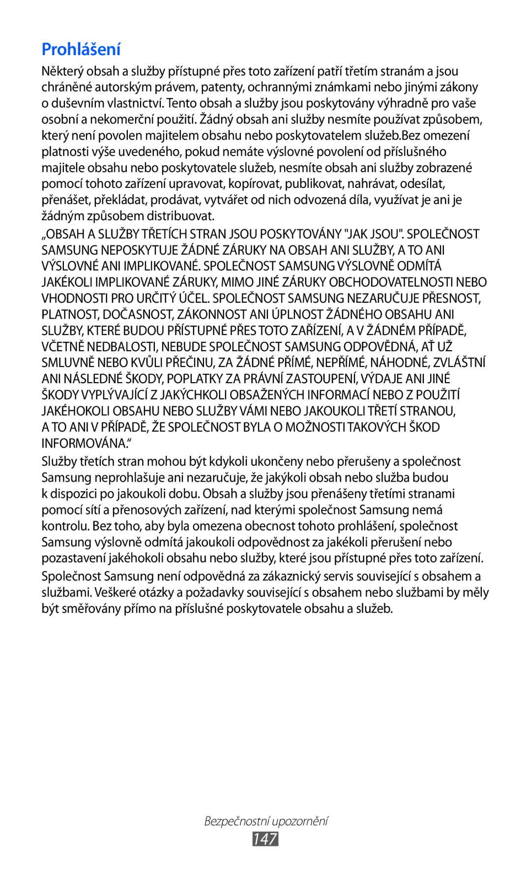 Samsung GT-S8500BAAVDC, GT-S8500BAATMZ, GT-S8500BAAIDE, GT-S8500BAAXEZ, GT-S8500BAAO2C, GT-S8500BAAIRD manual Prohlášení, 147 