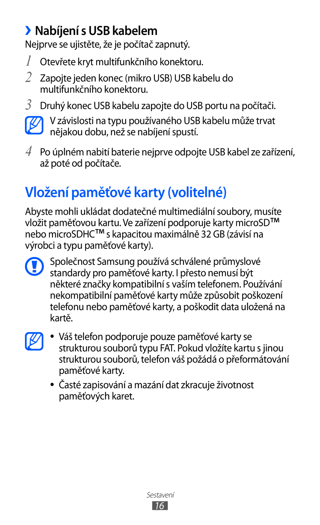 Samsung GT-S8500BAAO2C, GT-S8500BAATMZ, GT-S8500BAAIDE manual Vložení paměťové karty volitelné, ››Nabíjení s USB kabelem 