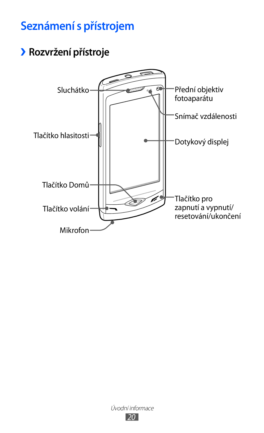 Samsung GT-S8500BAAXEZ, GT-S8500BAATMZ, GT-S8500BAAIDE, GT-S8500BAAVDC manual Seznámení s přístrojem, ››Rozvržení přístroje 