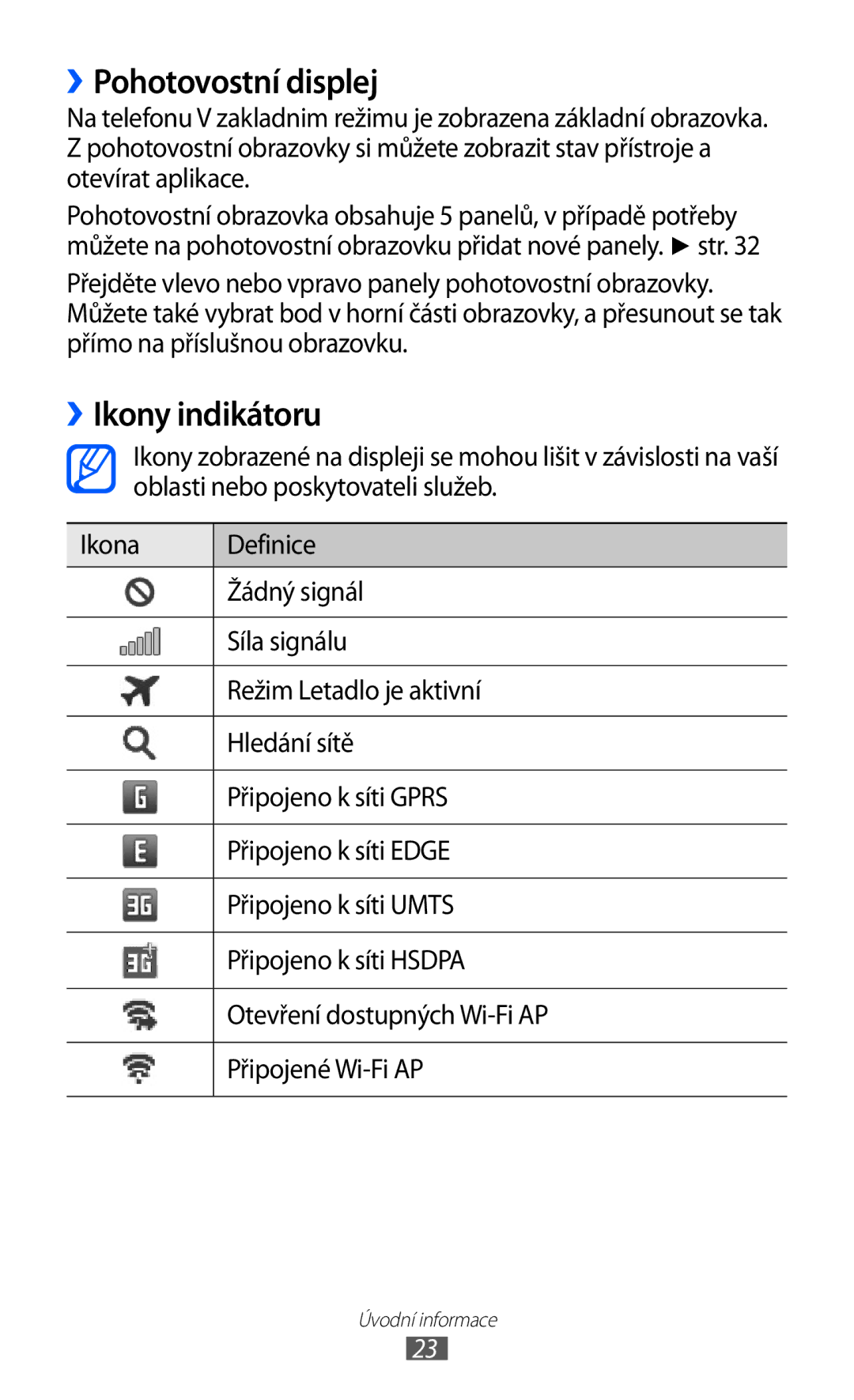 Samsung GT-S8500BAAIRD, GT-S8500BAATMZ, GT-S8500BAAIDE, GT-S8500BAAXEZ manual ››Pohotovostní displej, ››Ikony indikátoru 