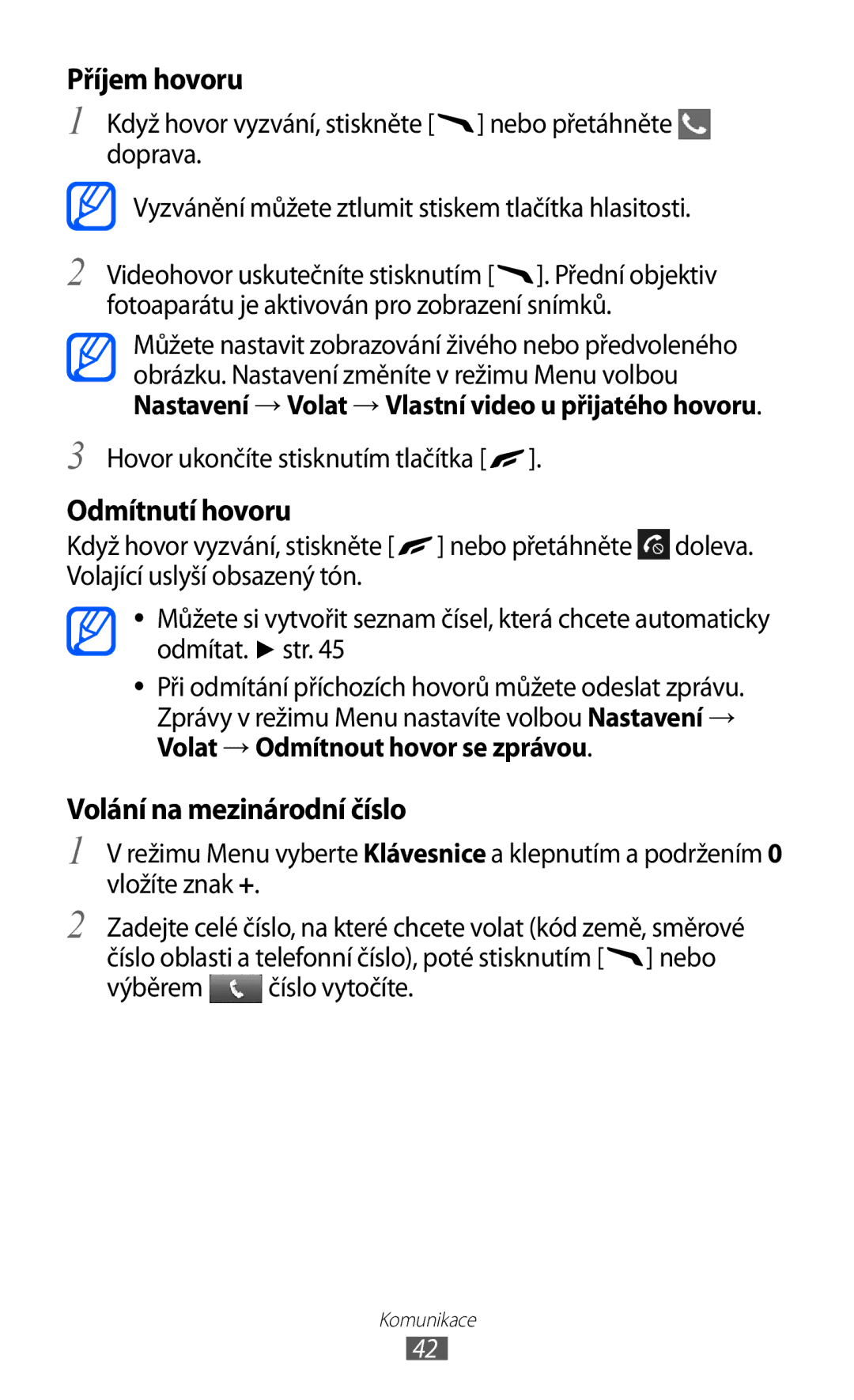 Samsung GT-S8500BAATMZ manual Nastavení → Volat → Vlastní video u přijatého hovoru, Volat → Odmítnout hovor se zprávou 