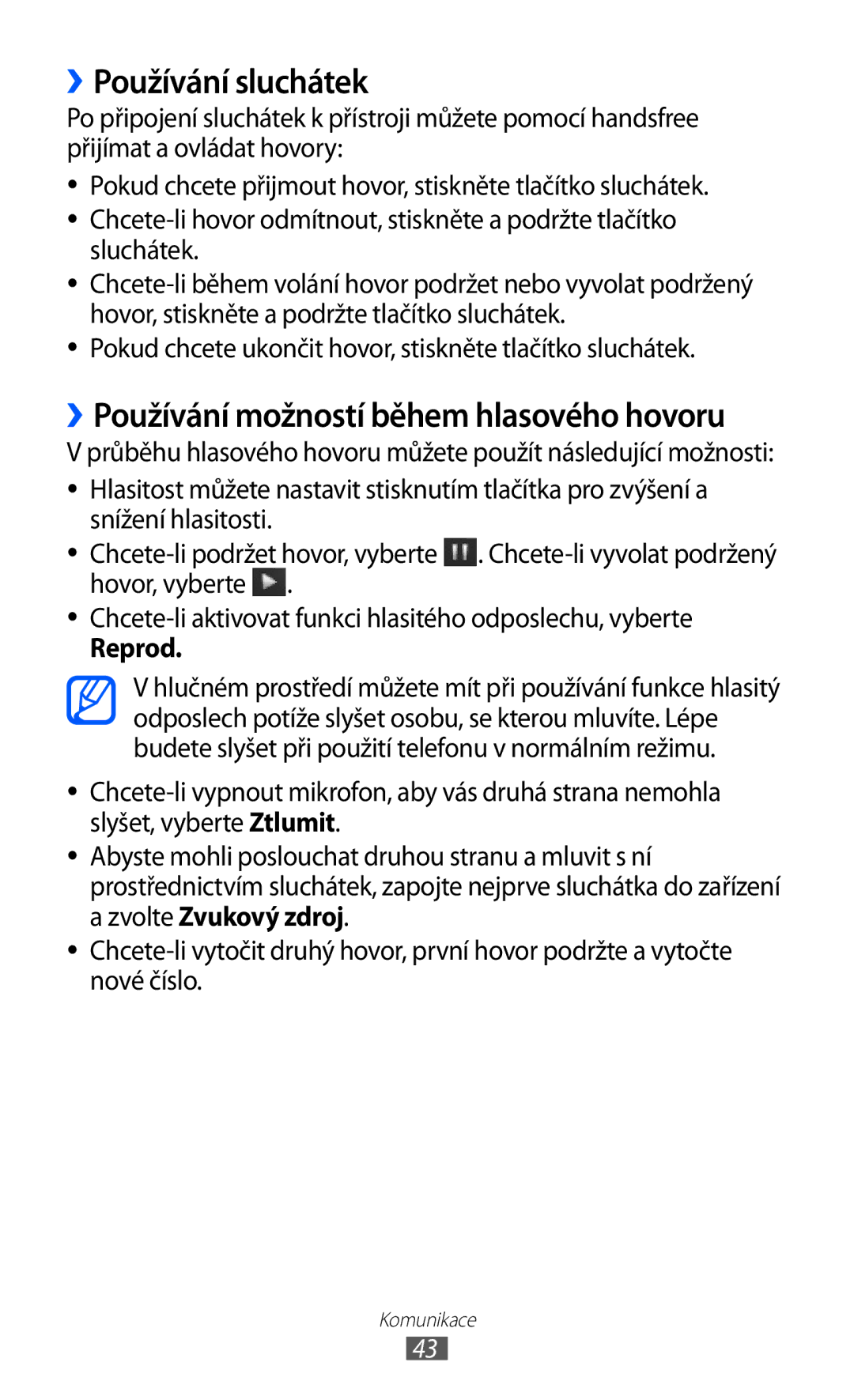 Samsung GT-S8500BAAIDE, GT-S8500BAATMZ, GT-S8500BAAXEZ, GT-S8500BAAVDC, GT-S8500BAAO2C manual ››Používání sluchátek, Reprod 