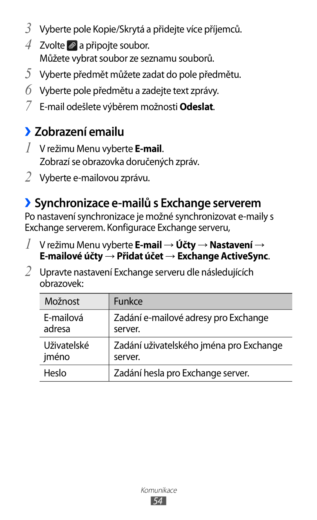 Samsung GT-S8500BAATMZ, GT-S8500BAAIDE, GT-S8500BAAXEZ manual ››Zobrazení emailu, ››Synchronizace e-mailů s Exchange serverem 