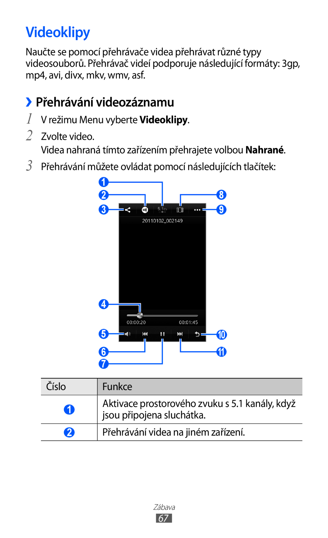 Samsung GT-S8500BAAIDE, GT-S8500BAATMZ manual ››Přehrávání videozáznamu, Režimu Menu vyberte Videoklipy Zvolte video 