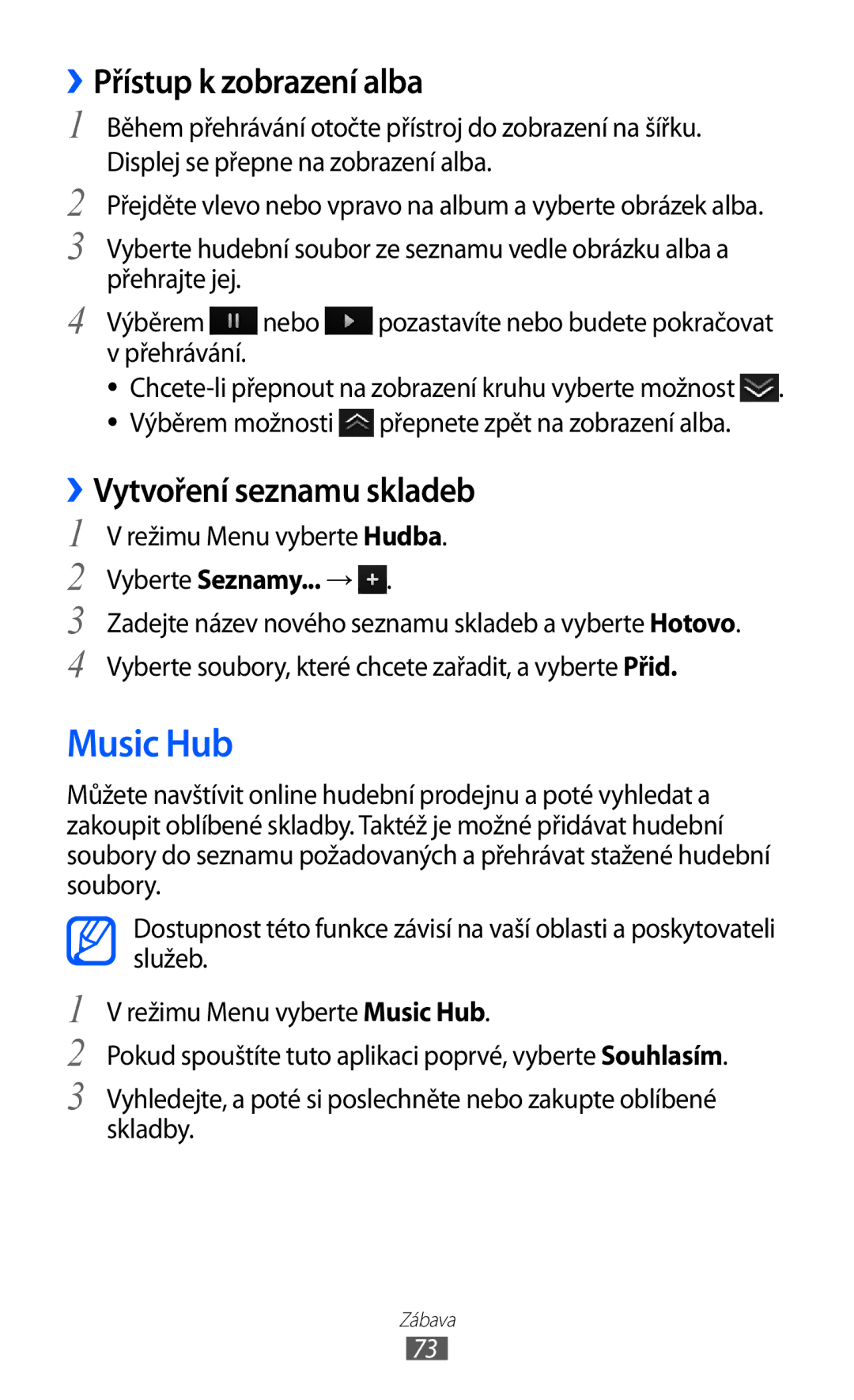 Samsung GT-S8500BAAIDE manual Music Hub, ››Přístup k zobrazení alba, ››Vytvoření seznamu skladeb, Vyberte Seznamy... → 