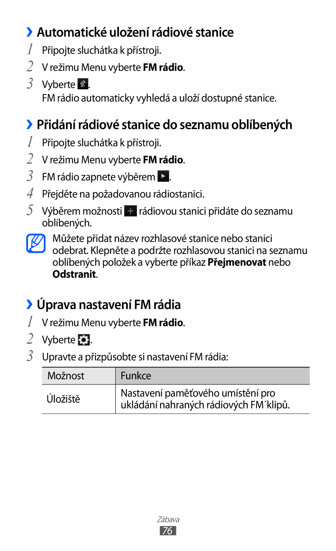 Samsung GT-S8500BAAO2C, GT-S8500BAATMZ, GT-S8500BAAIDE ››Automatické uložení rádiové stanice, ››Úprava nastavení FM rádia 