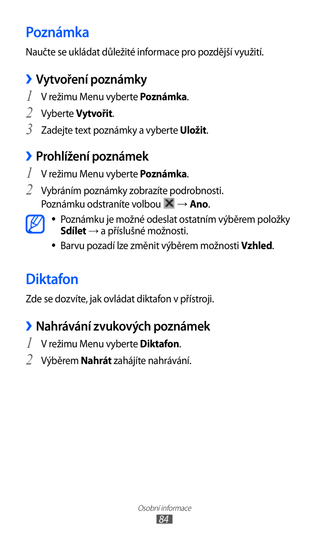 Samsung GT-S8500BAATMZ Poznámka, Diktafon, ››Vytvoření poznámky, ››Prohlížení poznámek, ››Nahrávání zvukových poznámek 