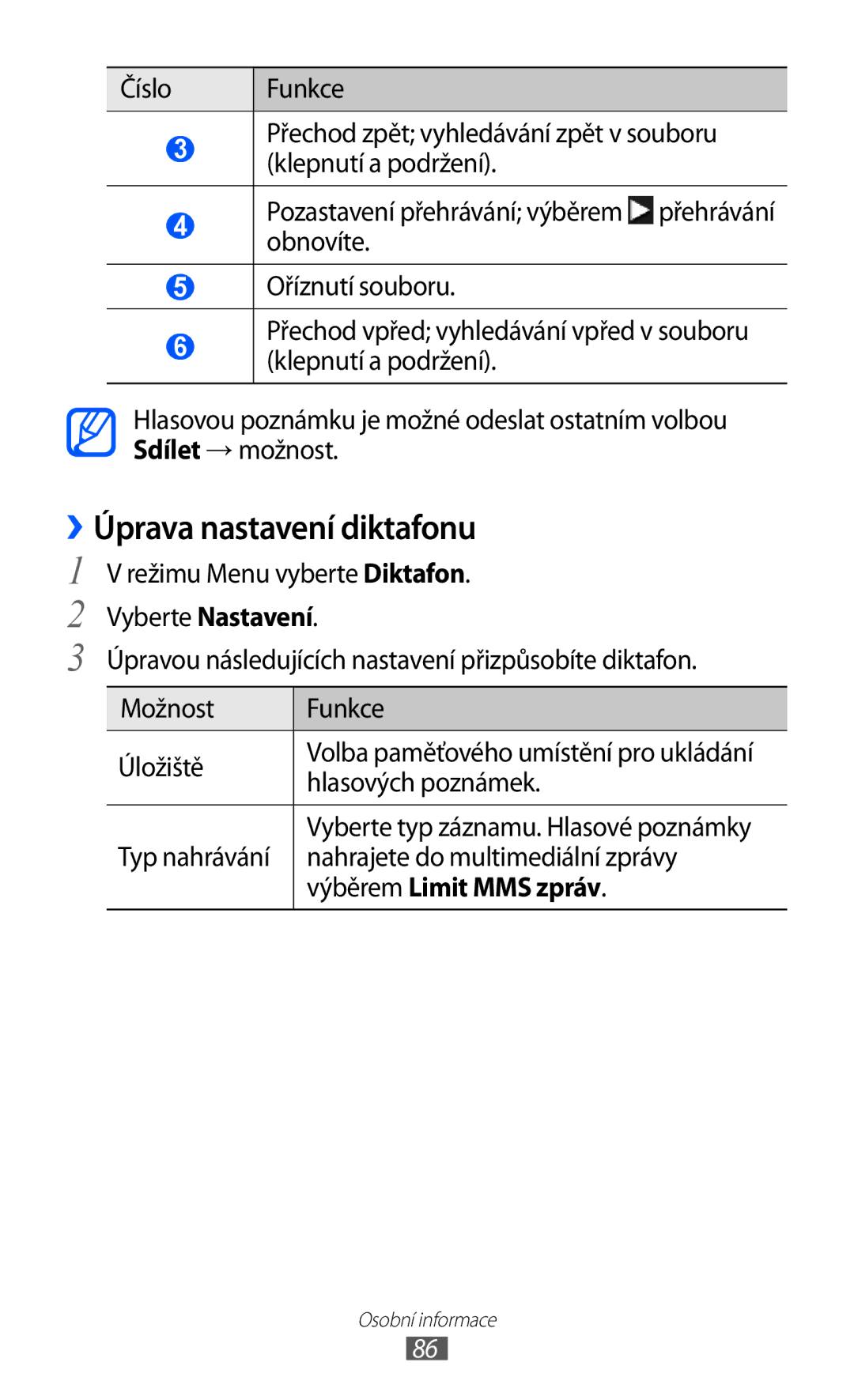 Samsung GT-S8500BAAXEZ ››Úprava nastavení diktafonu, Hlasových poznámek, Typ nahrávání Nahrajete do multimediální zprávy 