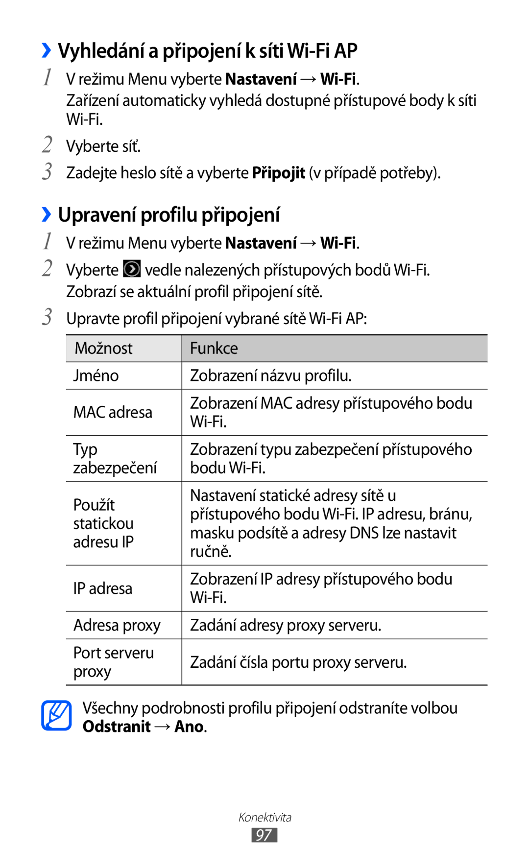 Samsung GT-S8500BAAIDE manual ››Vyhledání a připojení k síti Wi-Fi AP, ››Upravení profilu připojení, Odstranit → Ano 