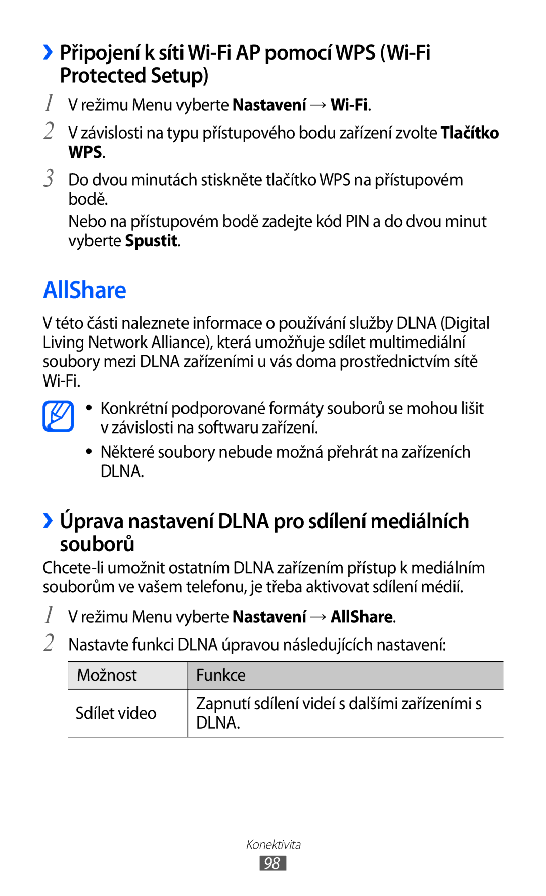 Samsung GT-S8500BAAXEZ manual AllShare, ››Úprava nastavení Dlna pro sdílení mediálních souborů, Možnost Funkce Sdílet video 