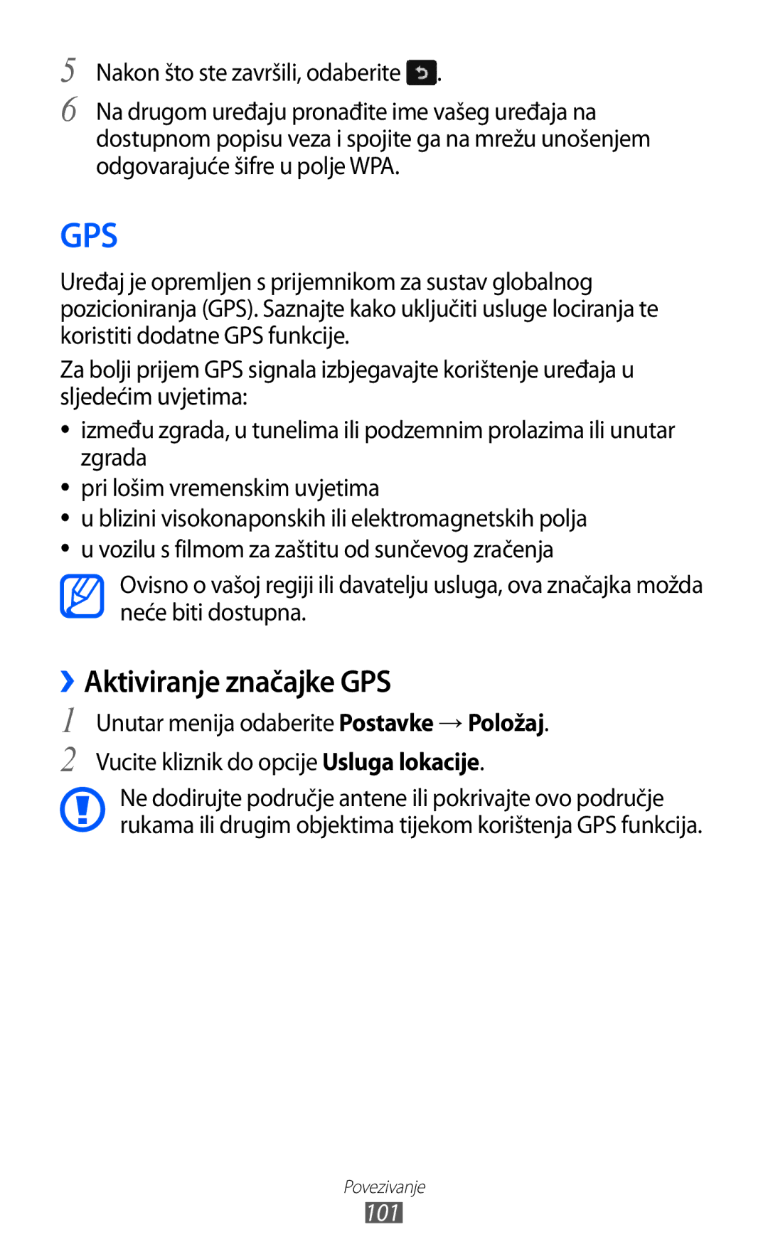 Samsung GT-S8500BAACRG, GT-S8500BAATRA, GT-S8500ISAMMC, GT-S8500HKATRA, GT-S8500GAAVIP manual ››Aktiviranje značajke GPS, 101 