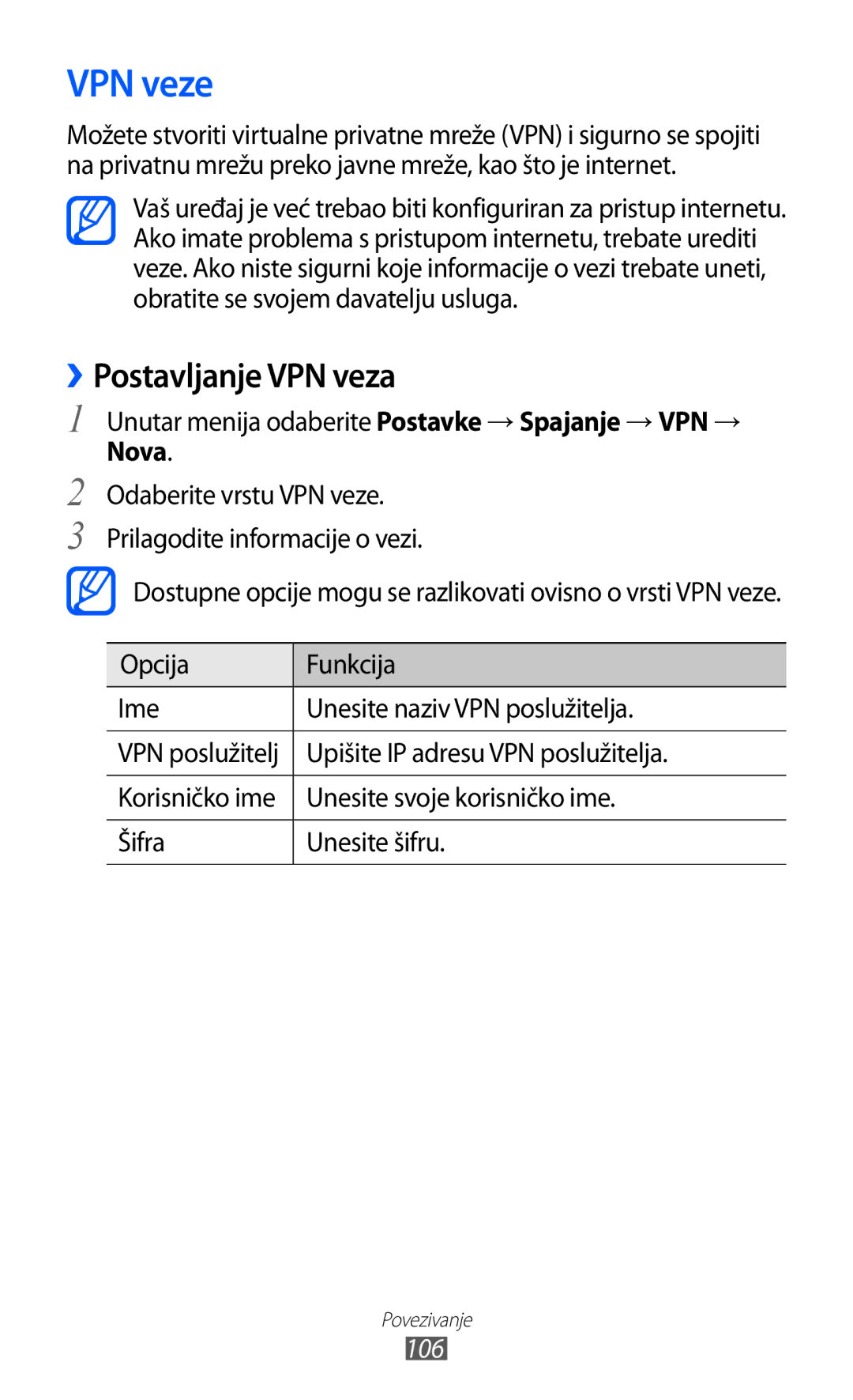 Samsung GT-S8500HKATRA, GT-S8500BAATRA, GT-S8500ISAMMC, GT-S8500GAAVIP manual VPN veze, ››Postavljanje VPN veza, Nova, 106 