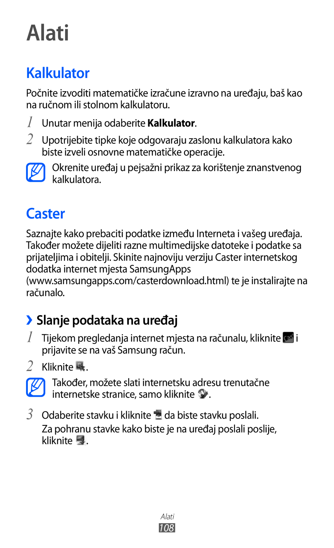 Samsung GT-S8500BAACRO, GT-S8500BAATRA, GT-S8500ISAMMC manual Alati, Kalkulator, Caster, ››Slanje podataka na uređaj, 108 