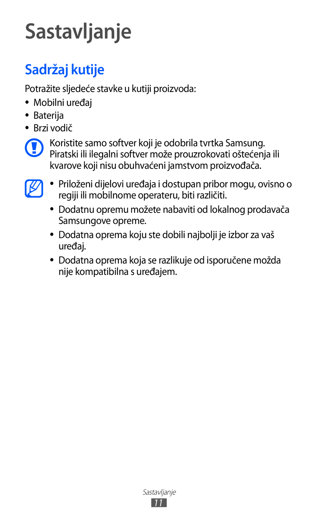 Samsung GT-S8500GAAVIP manual Sastavljanje, Sadržaj kutije, Potražite sljedeće stavke u kutiji proizvoda Mobilni uređaj 