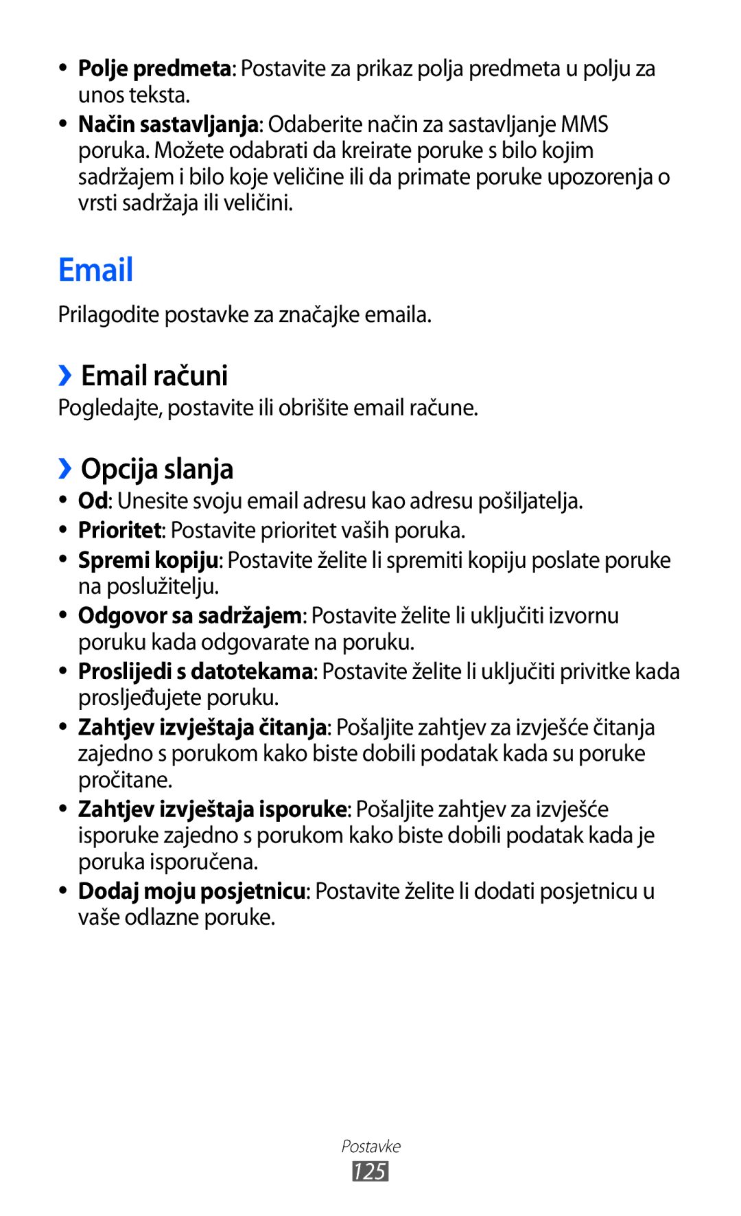 Samsung GT-S8500BAACRG manual ››Email računi, ››Opcija slanja, Pogledajte, postavite ili obrišite email račune, 125 
