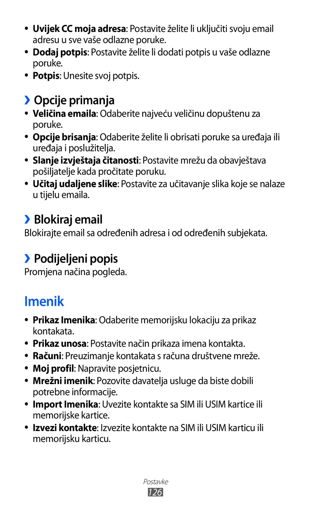 Samsung GT-S8500BAAVIP manual ››Opcije primanja, ››Blokiraj email, ››Podijeljeni popis, Promjena načina pogleda, 126 