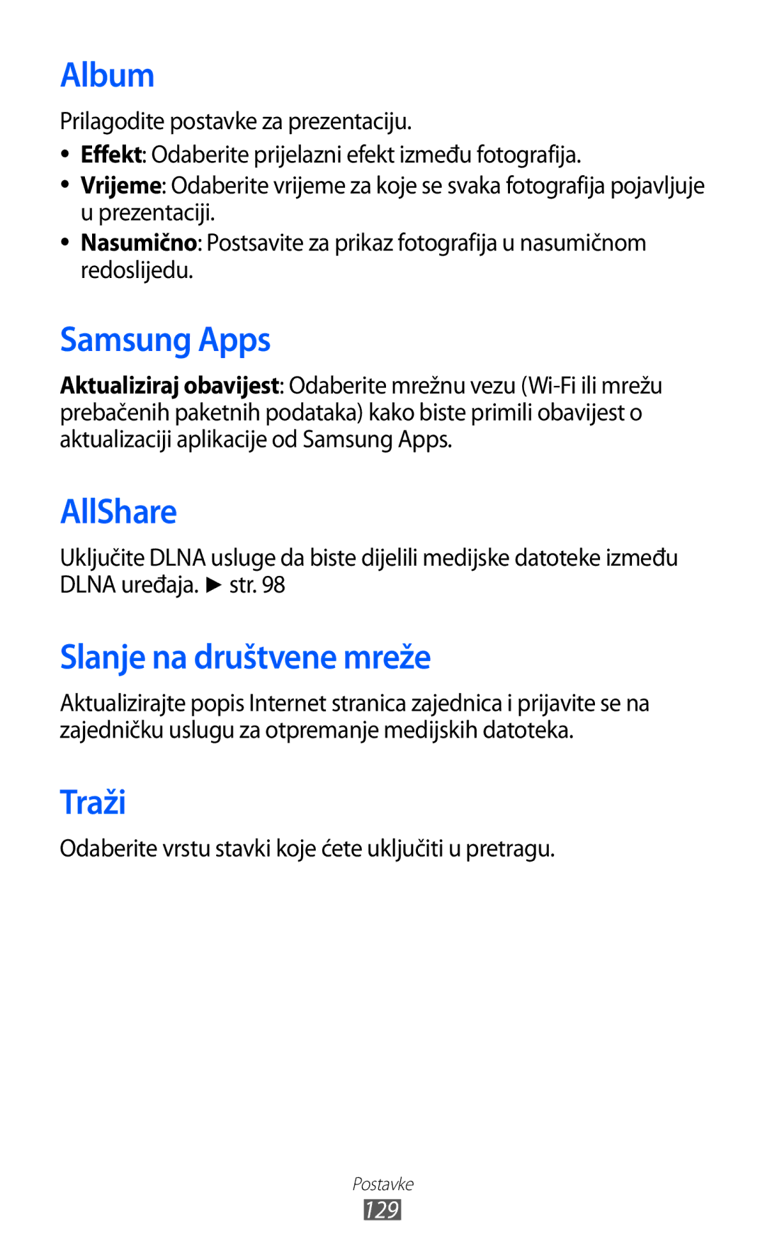 Samsung GT-S8500ISAMMC manual Slanje na društvene mreže, Traži, Odaberite vrstu stavki koje ćete uključiti u pretragu, 129 