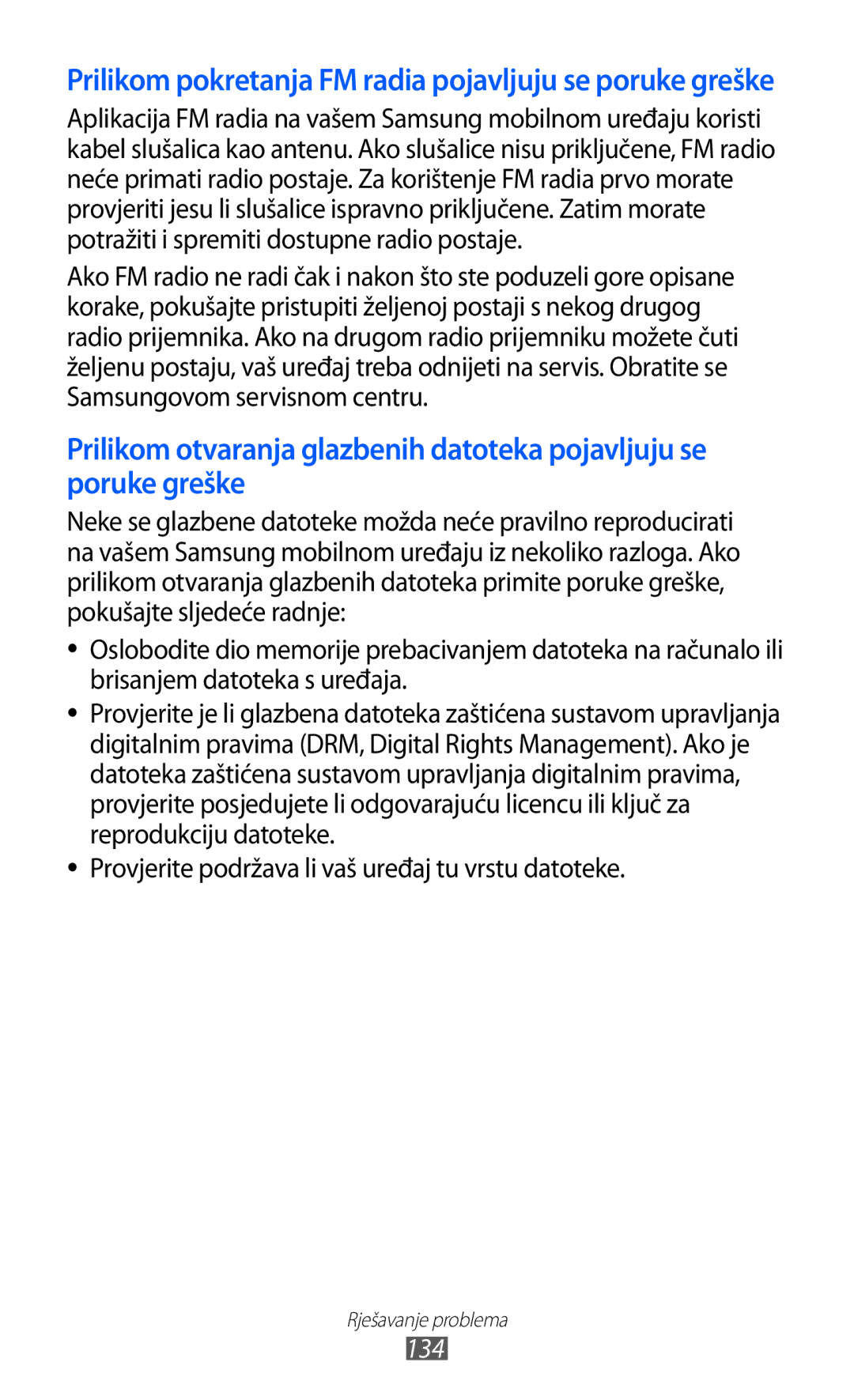 Samsung GT-S8500BAAVIP, GT-S8500BAATRA, GT-S8500ISAMMC manual Prilikom pokretanja FM radia pojavljuju se poruke greške, 134 