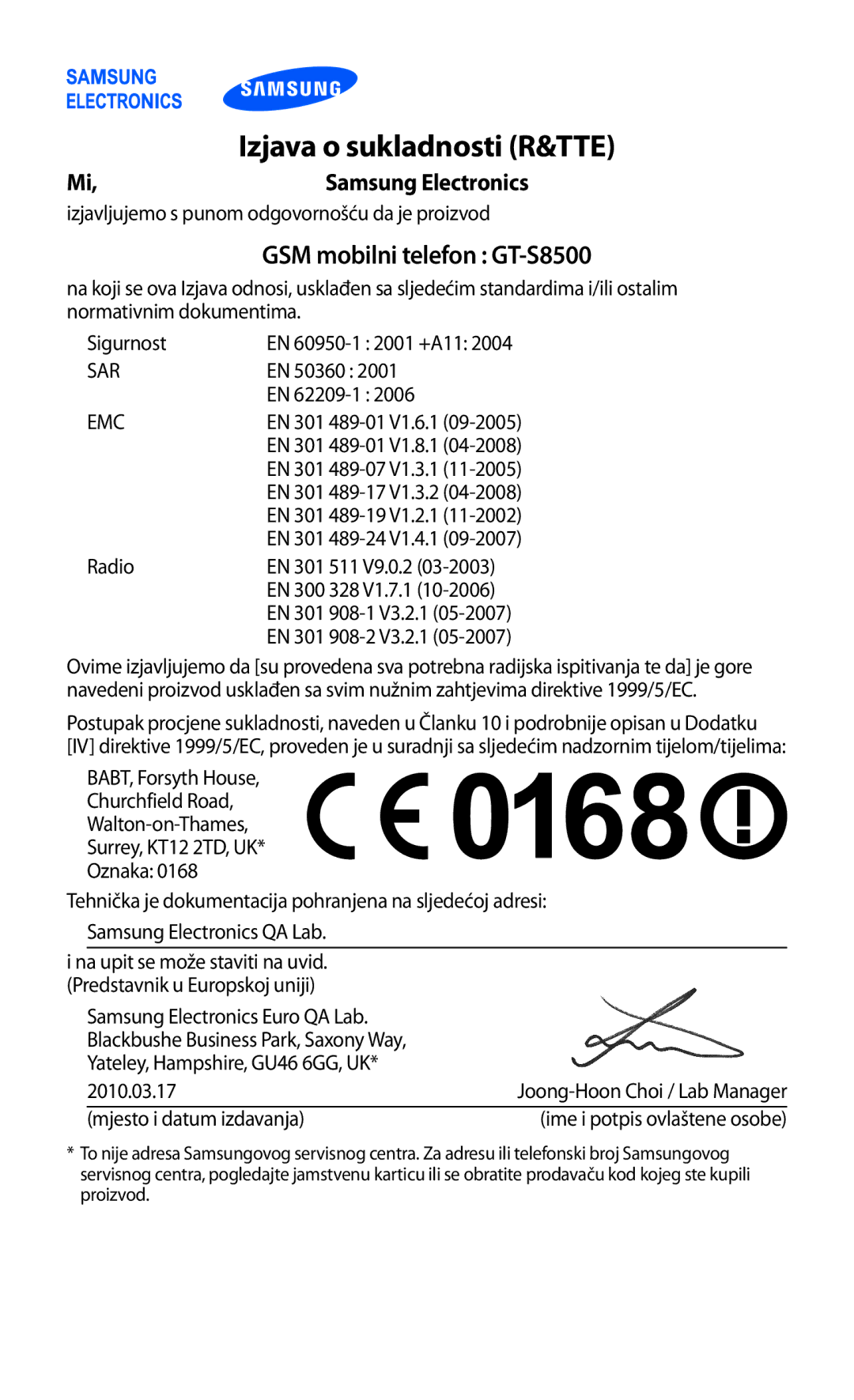 Samsung GT-S8500ISAMMC, GT-S8500BAATRA, GT-S8500HKATRA, GT-S8500GAAVIP, GT-S8500BAACRO manual Izjava o sukladnosti R&TTE 