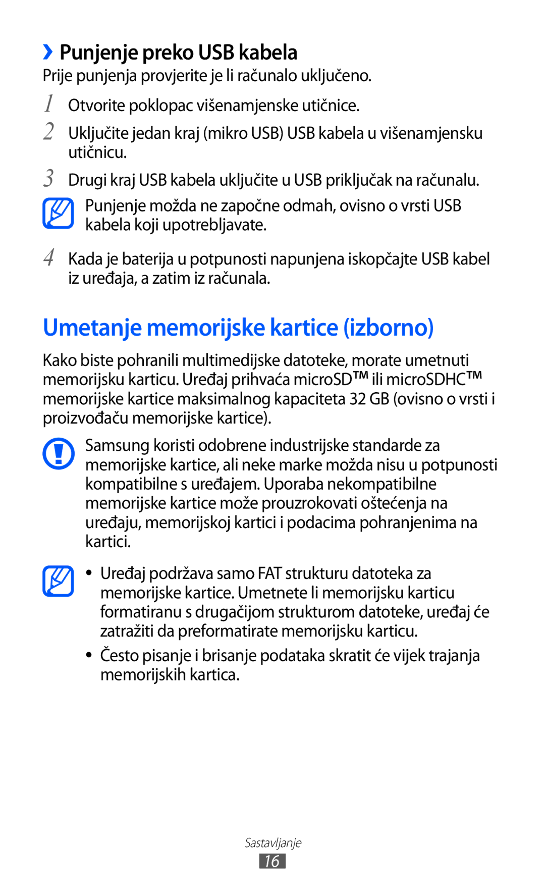 Samsung GT-S8500BAATRA, GT-S8500ISAMMC, GT-S8500HKATRA Umetanje memorijske kartice izborno, ››Punjenje preko USB kabela 