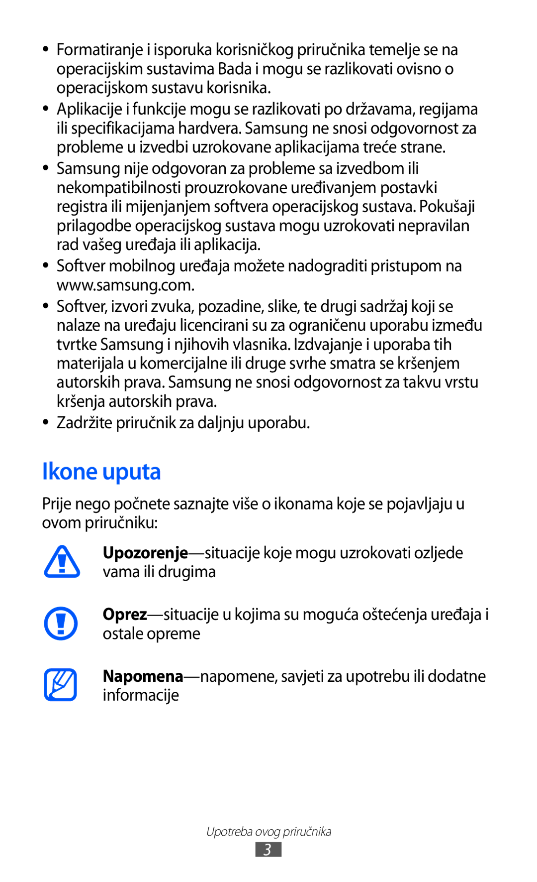 Samsung GT-S8500GAAVIP, GT-S8500BAATRA, GT-S8500ISAMMC, GT-S8500HKATRA Ikone uputa, Zadržite priručnik za daljnju uporabu 