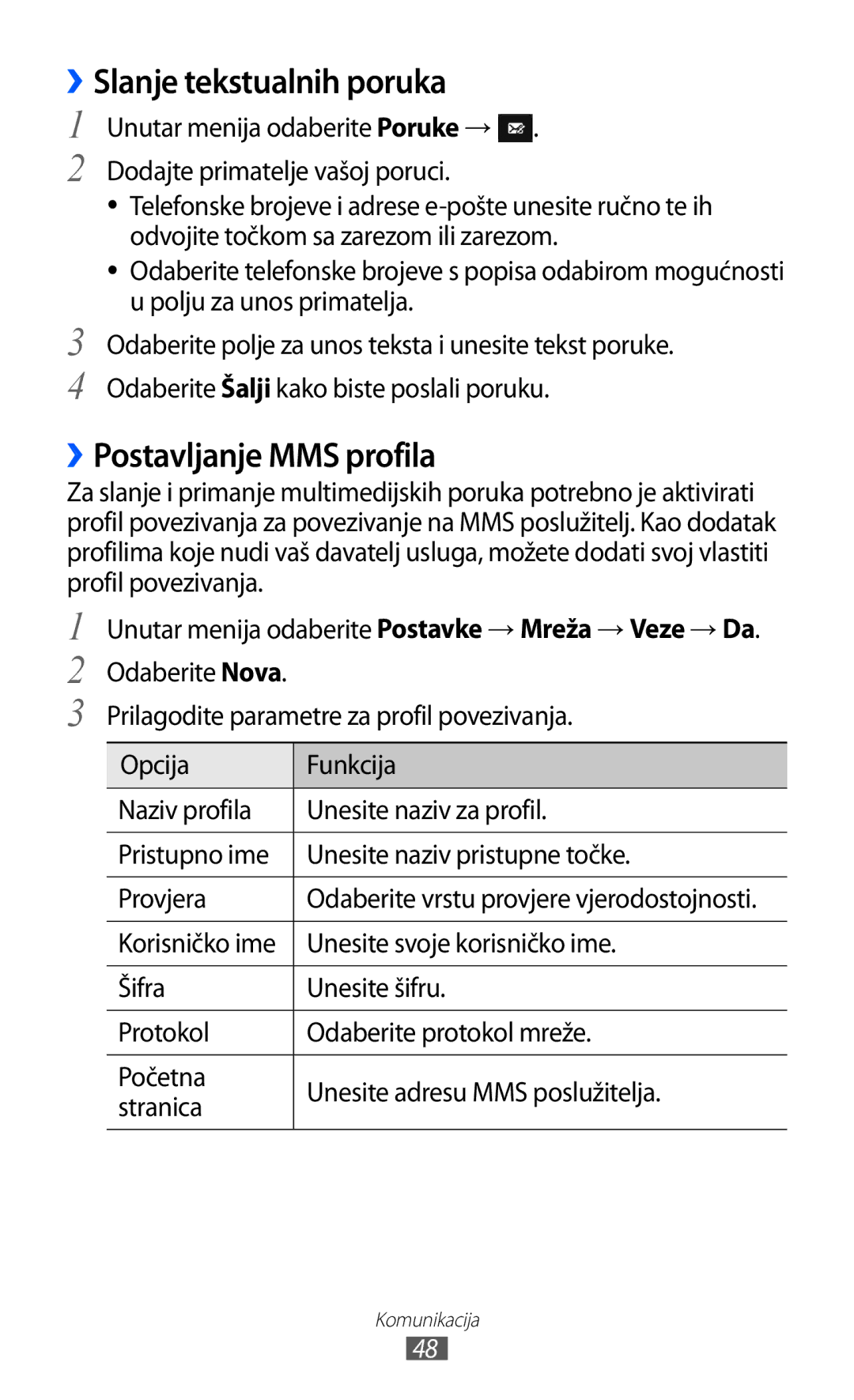 Samsung GT-S8500BAATRA manual ››Slanje tekstualnih poruka, ››Postavljanje MMS profila, Unesite svoje korisničko ime 