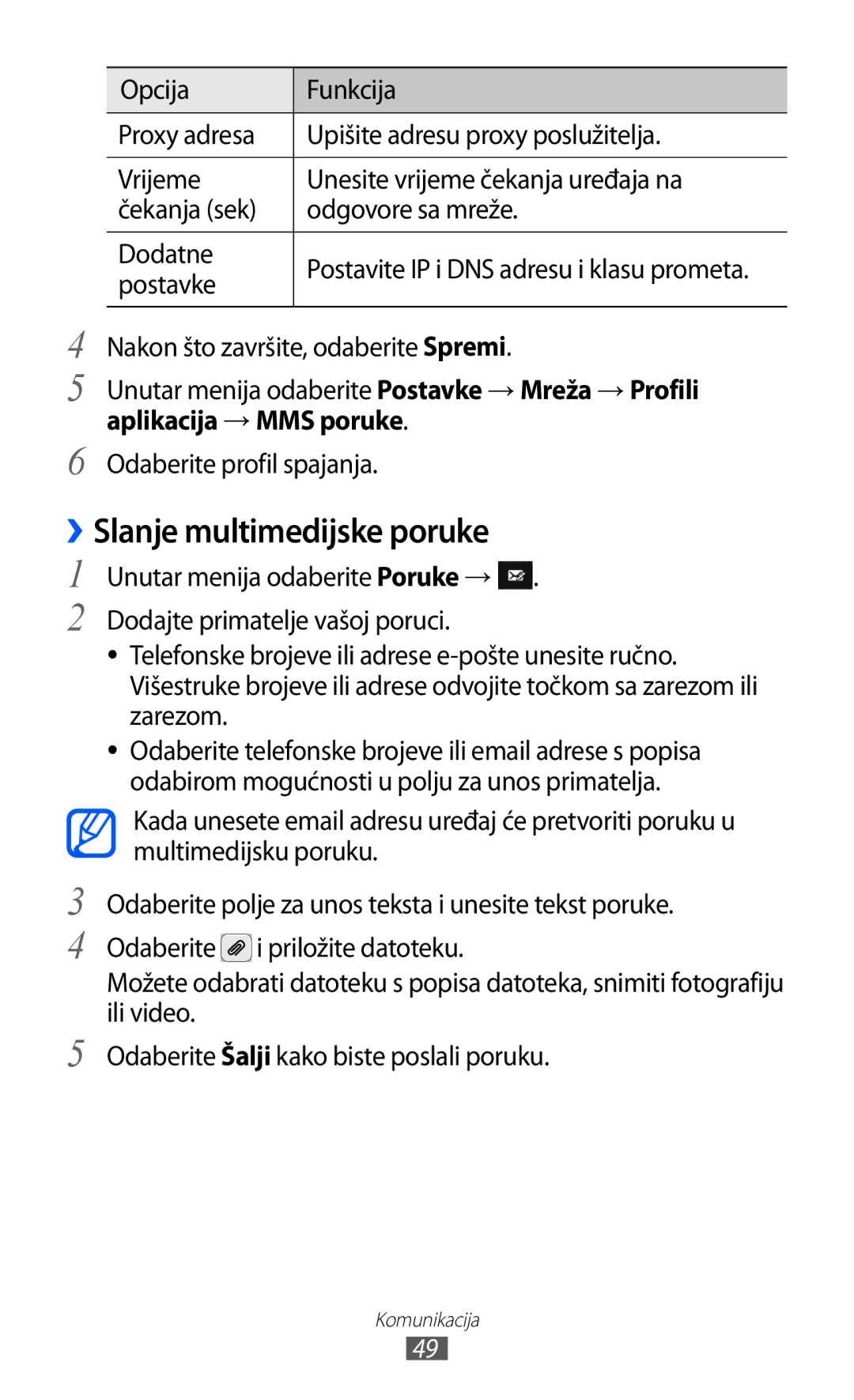 Samsung GT-S8500ISAMMC, GT-S8500BAATRA, GT-S8500HKATRA, GT-S8500GAAVIP manual ››Slanje multimedijske poruke, Postavke 