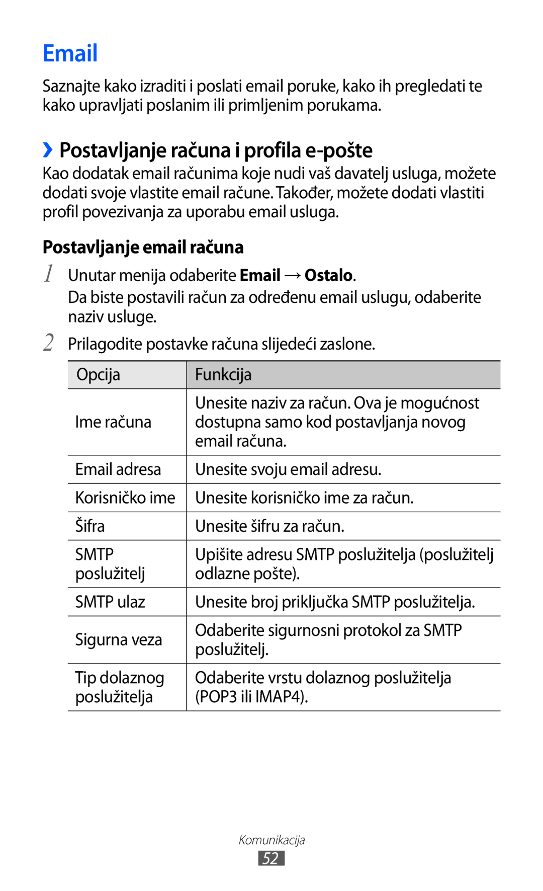 Samsung GT-S8500BAACRO, GT-S8500BAATRA, GT-S8500ISAMMC, GT-S8500HKATRA manual ››Postavljanje računa i profila e-pošte 