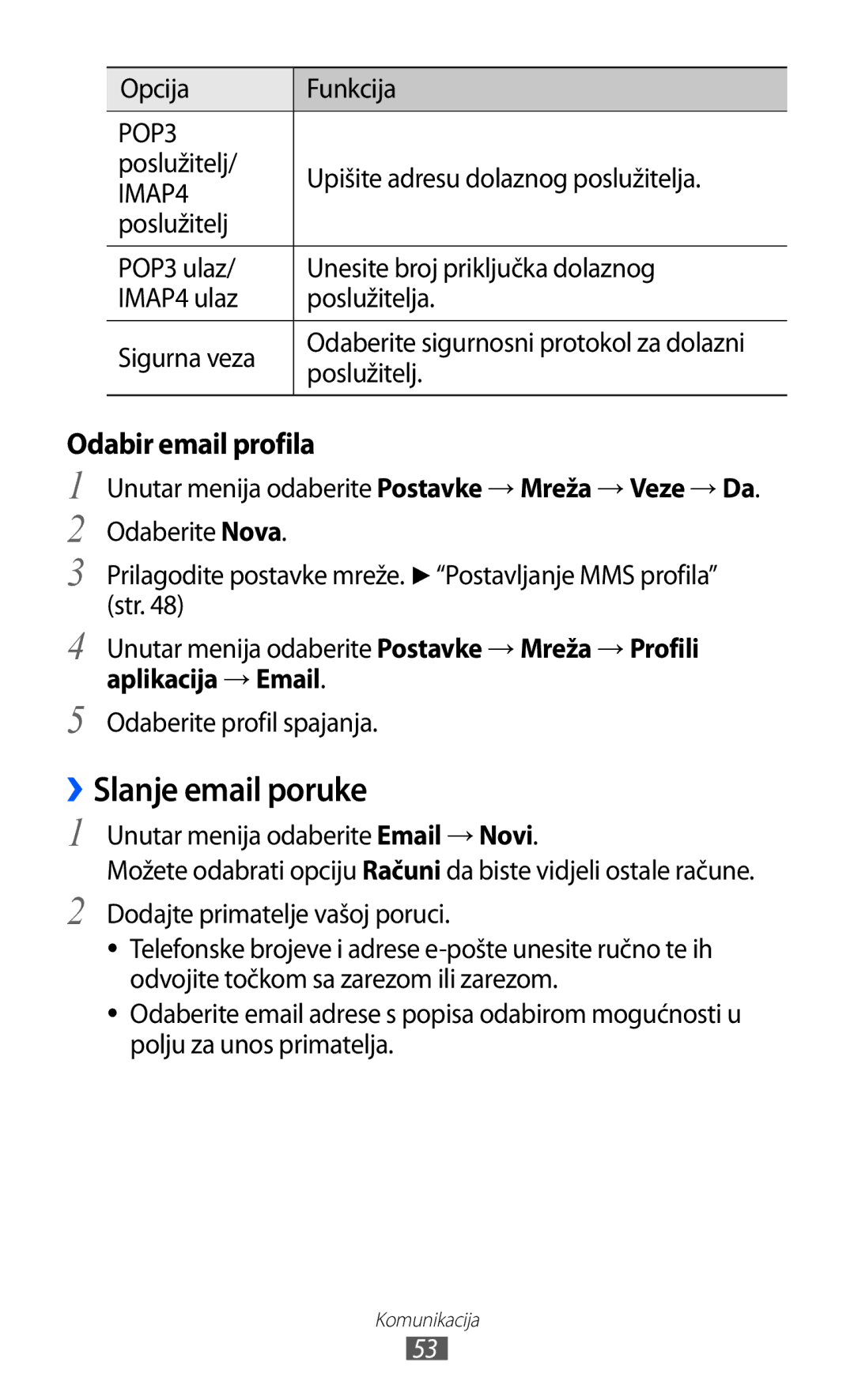 Samsung GT-S8500BAACRG manual ››Slanje email poruke, Opcija Funkcija, Poslužitelj Upišite adresu dolaznog poslužitelja 