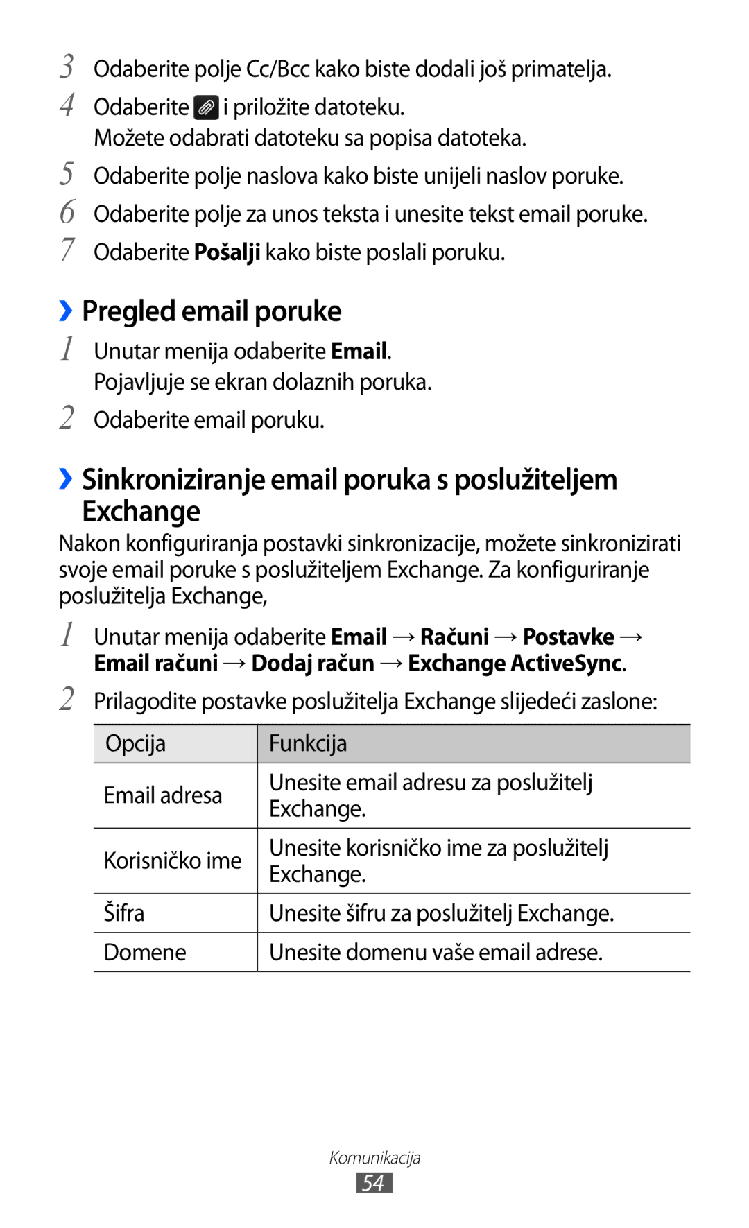 Samsung GT-S8500BAAVIP, GT-S8500BAATRA ››Pregled email poruke, ››Sinkroniziranje email poruka s poslužiteljem Exchange 