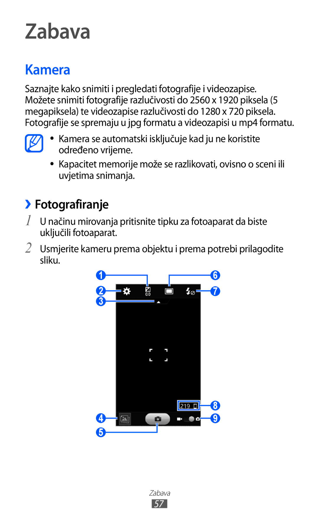 Samsung GT-S8500ISAMMC, GT-S8500BAATRA, GT-S8500HKATRA, GT-S8500GAAVIP, GT-S8500BAACRO manual Zabava, Kamera, ››Fotografiranje 