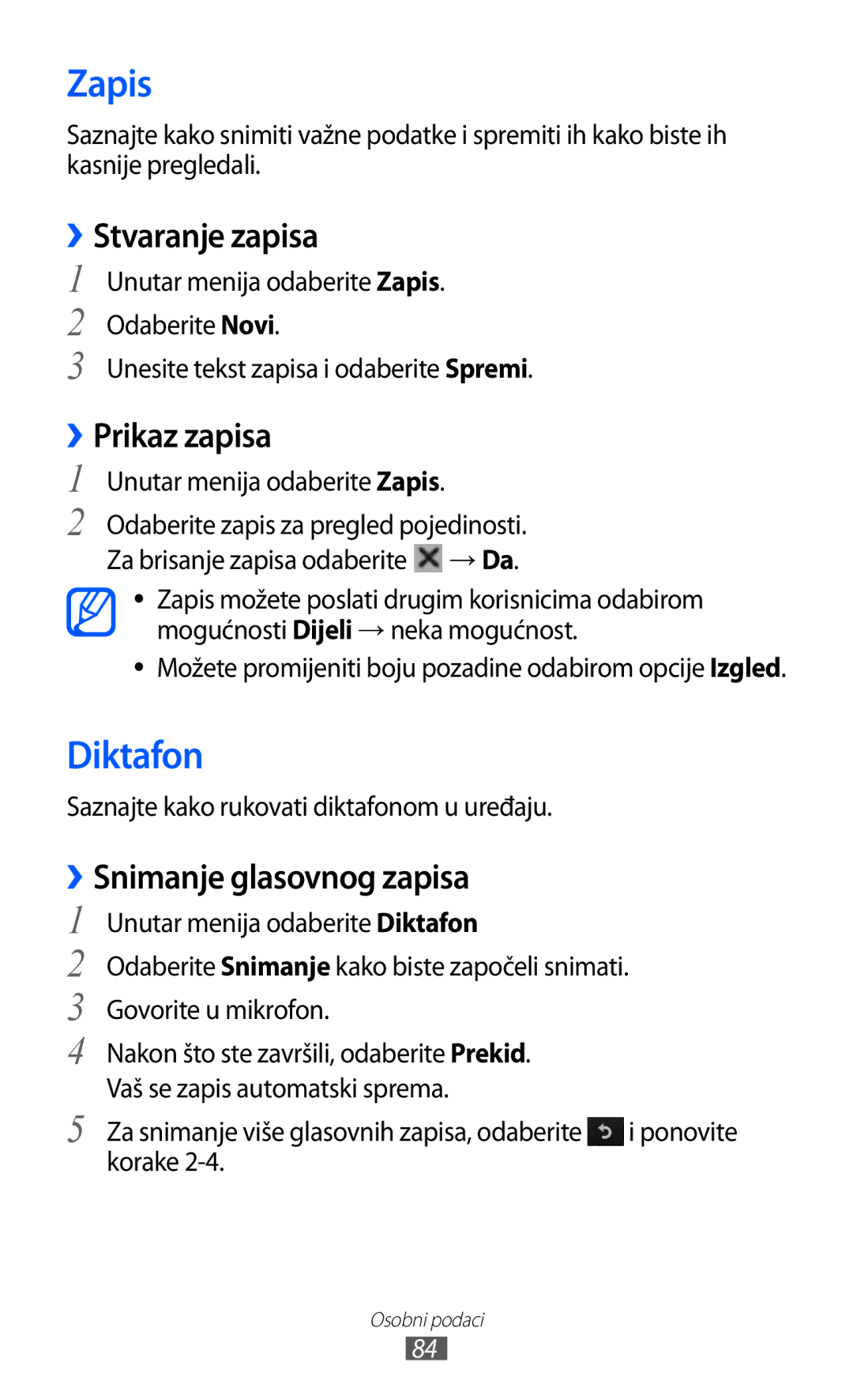 Samsung GT-S8500BAACRO, GT-S8500BAATRA Zapis, Diktafon, ››Stvaranje zapisa, ››Prikaz zapisa, ››Snimanje glasovnog zapisa 