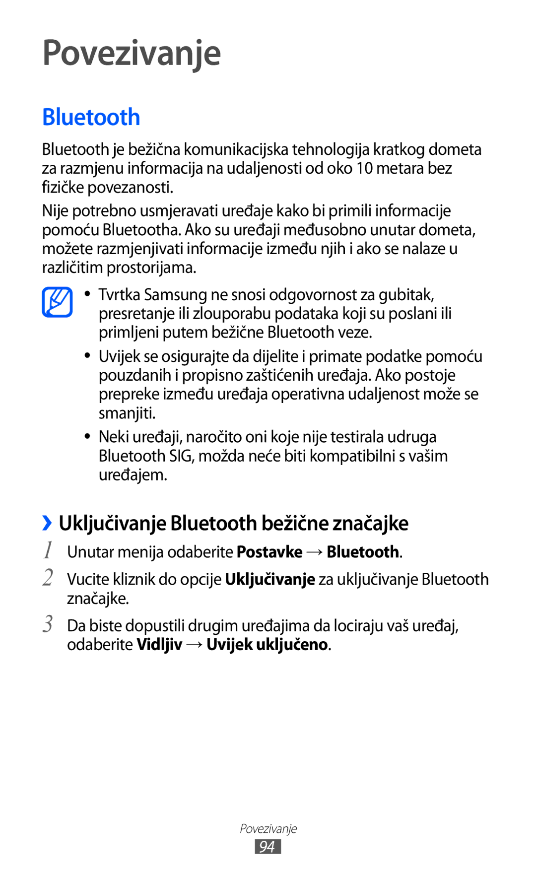 Samsung GT-S8500BAAVIP, GT-S8500BAATRA, GT-S8500ISAMMC manual Povezivanje, ››Uključivanje Bluetooth bežične značajke 